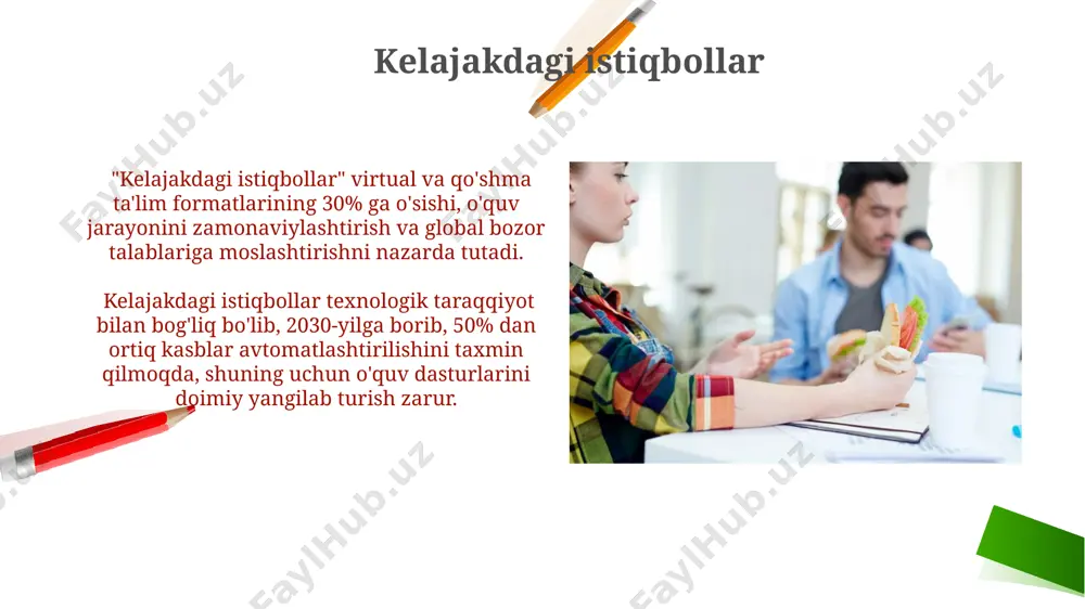 ndividual yondashuvni ta'minlash uchun 5 dan ortiq turdagi differensiatsiya usullarini qo'llash, o'quvchilarning turli ehtiyojlarini qondirishga yordam beradi. baholash va monitoring baholash jarayonida kamida 3 ta turli ko‘rsatkich (masalan, bilim, ko‘nikma va munosabat) yordamida talabalarning ruhiy-ma’naviy va kasbiy rivojlanish darajasi aniqlanadi. monitoring davomida kamida har chorakda 1 marta talabalarning o‘z-o‘zini baholash va o‘qituvchilarning ob’ektiv baholari taqqoslanib, natijalar tahlil qilinadi. o'quvchilarning ma'naviy-axloqiy yetukligini shakllantirish ma'naviy-axloqiy tarbiya jarayonida 80% o'quvchilarning axloqiy me'yorlariga rioya qilish darajasini aniqlash uchun psixologik testlar va kuzatuvlar natijalaridan foydalanish muhim. o'quvchilarning ma'naviy-axloqiy yetukligini shakllantirishda 5 ta asosiy qadriyat (vatan, oila, mehnat, ilm, inson)ni targ'ib qilish orqali kamida 70% o'quvchilarning ijtimoiy faolligiga erishish mumkin. maxsus kasb-hunar maktablarida ma'naviy-ma'rifiy ishlarning o'ziga xosligi kasbga yo'naltirilgan ma'naviy-ma'rifiy ishlarni amalga oshirishda 70% amaliy mashg'ulotlar va 30% nazariy bilimlar nisbatini saqlash, o'quvchilarning kasbiy ko'nikmalarini shakllantirishga yordam beradi. o'quv jarayoniga zamonaviy axborot texnologiyalarini (interaktiv o'yinlar, onlayn platformalar) integratsiyasi orqali ma'naviy-ma'rifiy ishlarning samaradorligini 25% ga oshirish mumkin. …
