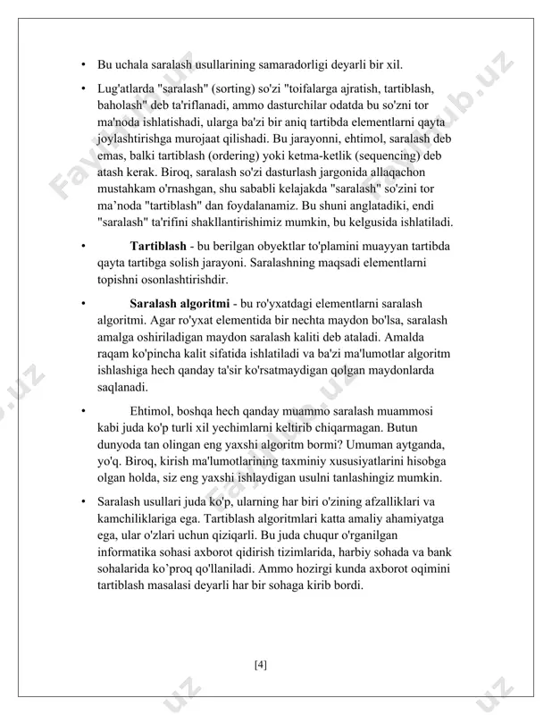 almashtirish · ikkinchi orqaga o'tish: · (0 1 2 4 2 6 8)? (0 1 2 2 4 6 8), almashtirish 4> 2 dan · endi, massiv allaqachon saralangan, ammo bizning algoritmimiz tugallanganligini bilmaydi. algoritm bu saralanganligini bilish uchun barcha o'tishlarni hech qanday almashtirishsiz bajarishi kerak. · (0 1 2 2 4 6 8)? (0 1 2 2 4 6 8) · (0 1 2 2 4 6 8)? (0 1 2 2 4 6 8) sheyker saralashi animatsion tasvirlanishi sheyker saralashi dastur kodi (c++) va bahosi saralash algoritmlari va ularning tahlili 1.4 taraqsimon saralash taroqsimon saralash – “pufaksimon” saralashning yaxshiroq varianti. uning g'oyasi algoritmni sekinlashtiradigan qator oxiridagi kichik qiymatlarga ega elementlarni "yo'q qilish". agar pufakchali va shirker saralashlarida, massiv bo'ylab takrorlanganda qo'shni elementlar taqqoslansa, u holda "tarash" paytida avval taqqoslangan qiymatlar orasida yetarlicha katta masofa olinadi, so'ngra u minimal darajaga tushadi. dastlabki bo'shliq tasodifiy tanlanmasligi kerak, lekin maxsus qiymatni …