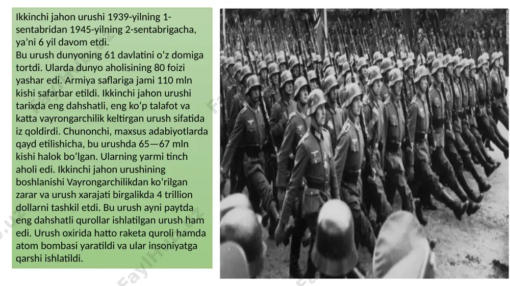 nemis general-gubernatorligi tuzildi. 1939-yilning 28 sentabrida imzolangan sovet-german shartnomasiga ko‘ra, sovet hukumati boltiqbo‘yi respublikalaridan sovetlar armiyasini bu respublikalarda joy lashtirish va o‘zaro yordam to‘g‘risida shartnoma imzolashni talab etdi. boltiqbo‘yi respublikalarining bu talabga bo‘ysunmaslikka ilojlari yo‘q edi. 128 g‘arbiy frontdagi ahvol 30-noyabr kuni sovet armiyasi finlandiyaga hujum qildi. bu qilmishi uchun sovet davlati millatlar ligasidan chiqarildi. buyuk britaniya va fransiya germaniyaga qarshi urush e’lon qilgan bo‘lsalar-da, biroq faol harbiy harakatlar boshlamadilar. germaniya armiya sining asosiy kuchlari polsha bilan band bo‘lib qolgan paytda bunday imkoniyat bor edi. buyuk britaniya va fransiyaning bu pozitsiyasi 1940 yilning bahorigacha davom etdi. ularning faolsizligi urush tarixiga «g‘alati urush» nomi bilan kirdi. buyuk britaniya va fransiya o‘zlarining qudratli harbiy-dengiz flotlari kuchi bilan germaniyani blokada iskanjasiga olishni rejalashtirgan edilar. ayni paytda ular fransiya — germaniya chegarasida fransiya bunyod etgan kuchli mudofaa inshootlari germaniyaning g‘arbga hujumga o‘tishiga yo‘l qo‘ymaydi, bordi-yu hujumga o‘tganda ham, uni yorib o‘ta olmaydi, deb ishondilar. …