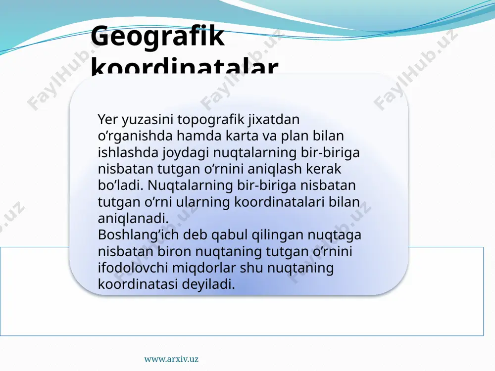 : 50.000 masshtabli kartadagi a-nuqtasining to’g’ri burchakli koordinataisni aniqlash kerak bo’lsa x ni (abstsissa) topish uchun 6018 raqamli ordinata chizig’idan a nuqtasigacha o’lchab (1,2 sm ) uni karta masshtabiga ko’paytiramiz: 1,2 sm x 500m =600 m. uning abstsissa qiymati x.6018 km x600m= 6018600 mertr kartadagi a nuqtasi ekvator dan 6018 km 600 m shimolda joylashgan bo’ladi. www.arxiv.uz yer yuzasidagi nuqtaning balandligi. geografik, to’g’ri burchakli koordinatlar bilan nuqtaning planli o’rni aniqlaniladi. nuqtaning planli o’rni derganda, bu nuqtaning shartli qabul qilingan ellipsoid yoki shar yuzasidagi o’rni tushuniladi. xaqiqatdan esa nuqta yer ellipsoidi yuzasida emas, balki yerning tabiiy (fizik) yuzasida joylashgan nuqtaning o’rnini aniqlash uchun uning boshlang’ich sathiy (geoid) yuzasidan balandligini xam e'tiborga olish zarur. nuqtaning boshlang’ich sathiy yuzasidan balandligi, uning balandlik koordinatasi xisoblanadi. www.arxiv.uz в.nuqtaning а nuqtaga nisbatan balandligi musbat (+), а. nuqtaning в. nisbatan balandligi esa manfiy (-) bo’ladi. а nuqtaning в nuqtaga nisbatan balandligi formulasi hаb =нa- нb. www.arxiv.uz mdhda …