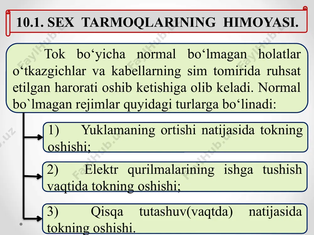 qlik ajratgichini yuklanishidan saqlovchi nominal toki, faqat liniyadagi davomli hisobiy tok bo‘yicha tanlanadi: avtomatning elektr magnit yoki kombinatsiyalangan (расцепитель)ning nominal toki ham davomli hisobiy tok orqali hisoblanadi: elektr magnit yoki kombinatsiyalangan(расцепитель) qo‘zg‘atish toki liniyaning qisqa vaqtli yuqori tokidan tekshiriladi. alohida joylashgan elektr motorning toki elektr motorning ishga tushirish tokiga teng. avtomat elektromagnit(расценитель)lar xarakteristikalarini hisobga olmaganda, ni hisoblashda noaniqlikni 1,25 koeffitsient hisobga oladi. tokka teskari bog‘liq harakteristikali avtomat(расцепитель)ning qo‘zg‘atish toki quyidagicha aniqlanadi: nazorat savollari: normal bo’lmagan rejimlarni sanab bering. saqlagichlarning vazifasi nima? saqlagichlar qanday shartlar bilan tanlanadi? avtomatlarni qanday turlarini bilasiz? avtomatlarni tanlash shartini tushuntiring? e’tiboringiz uchun rahmat! image2.wmf image3.wmf image4.wmf image5.wmf image6.wmf image7.wmf image8.wmf image9.wmf image10.wmf image11.wmf image12.wmf . . . tush ish n kirit i i ³ 5 , 2 . . . tush ish n kirit i i ³ 0 , 2 6 , 1 . . . ¸ ³ tush ish n kirit i i 5 , …