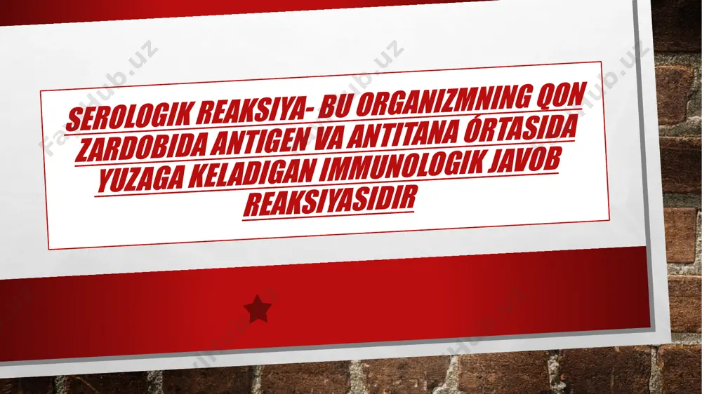 a harakatli bakteriyalarda kuzatiladi tashxis va umumiy identifikatsiyada qóllaniladi masalan( entorobacteriaceal oilasiga mansub bakteriyalarni (salmonella va shigella) identifikatsiya qilishda qóllaniladi h-agglyutinatsiya bakteriyalarning flagellyar (hatakatlanuvchi tukchalaridagi) h-antigen bn bog’liq osillardan tuzilgan faqat harakatli bakteriyalarda kuzatiladi shtamm aniqlash va tipizatsiyada keng qóllaniladi masalan salmonella turlarining turli shtamlarini differensiallash mumkin agglutinatsiya turlari gemaglyutinatsiya gemagglyutinatsiya reaksiyasi – bu qizil qon tanachalari (eritrotsitlar) bilan antitanalar yoki boshqa moddalar o‘rtasida yuz beradigan agglutinatsiya (yopishish) jarayoni. turlari (tormozlash)tóg’ridan-tógri gemaglyutinatsiya –qon guruhlarini rh ni aniqlashda foydalaniladi bilvosita (passiv)gemaglyutinatsiya –virusli kasalliklarni tashxislash(m:gripp,qizamiq) kumbs gemaglyutinatsiya –virusli va bakterial antigenlarni aniqlashda foydalaniladi gemaglyutinatsiyani tormozlash reaksiyasi kópgina viruslar(ortomikso,arbo va boshqa viruslar)eritrositlarning yuzasiga yopishish xususiyatiga ega.natijada eritrositlar yuzasi ózgaradi va ular bir-biri bn birikib chókmaga tushadi bu (gatr) immun zardoblarining virus gemagglyutinatsiyasini tósishga asoslangan bólib,betaraflangan virus eritrotsitga birikmaydi gatrdan virusli infeksiyalarga serologik ashxis qòyishda,kópgina viruslarni gemagglutininlari (antegenlari) bóyicha identifikatsiya qilishda keng foydalaniladi qon quyish xizmatida izogemagglutinatsiya reaksiyasi yordamida qonning guruhi aniqlanadi.buning uchun standart(alfa-betta, …