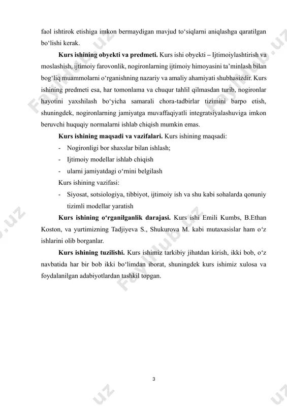 imdan iborat, shuningdek kurs ishimiz xulosa va foydalanilgan adabiyotlardan tashkil topgan. i bob. nogironligi bor shaxslarni jamiyat taraqqiyotidagi oʻrni 1.1. nogironligi bor shaxslarni jamiyat hayotidagi o‘rnini oshirish usullari va shakllari. jamiyatning nogironlarga bo‘lgan munosabati har doim insoniyat rivojlanishining ma’lum bir bosqichining iqtisodiy va axloqiy yetukligini aks ettirgan. tarixiy va sotsiologik tahlillar nogironlarga nisbatan u yoki bu munosabatni shakllantirish mexanizmlarini, tibbiy-psixologiya fanining rivojlanishi bilan o‘zaro bog‘liqligini aniqlashga imkon beradi. o‘rta asrlarda jamiyatning nogiron a’zolari uchun ijtimoiy izolyatsiya va surgun printsipi ustunlik qildi. yevropa xalqlari tomonidan nasroniylikning qabul qilinishi nogironlarga nisbatan jamoat va xususiy xayriya tarzida nisbatan yuqori darajadagi munosabatlarning shakllanishiga yordam berdi. ix asrdan boshlab yevropada kasalxona muassasalari yaratila boshlandi. ularning tarkibida asosan uyda davolanishni afzal ko‘rgan, ammo nogiron, ko‘r, “kasal” bemorlar bo‘lmaganligi sababli, davolash (va uning samaradorligi) minimallashtirildi, ko‘pincha ma’naviy “davolanish” bilan cheklandi. ushbu shifoxonalar tibbiy yordam emas, balki qariyalar uyi bo‘lib xizmat qilgan. berilgan boshpana va oziq-ovqatdan tashqarida ishlashni …