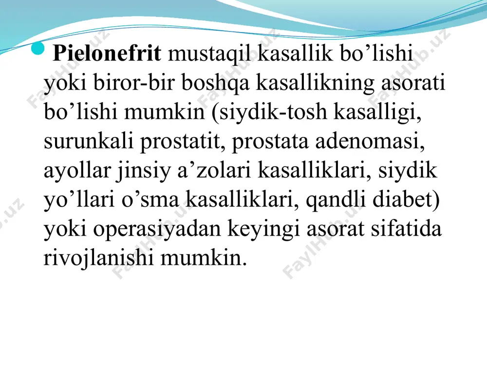 . pileonefritning laborator diagnostikasi surunkali pielonefrit yashirin kechganda yoki remissiya davrida inkor qilish uchun provokasion testlar: prednizolon sinamasi o’tkaziladi. pirogenal provokasion testi leykositlarni yallig’lanish o’chog’idan chiqib, leykosituriya paydo bo’lishiga olib keladi. pielonefritda proteinuriya minimal yoki umuman kuzatilmaydi, ba’zi hollarda 1 g/l dan oshishi mumkin. peshobni bakteriologik tekshirish bunda peshobni o’rta porsiyasi olinadi. 1 ml peshobda bakteriyalar soni 100 mingdan oshsa chin bakteriuriya hisoblanadi. etiologik omilni aniqlash uchun siydik ekiladi va kasallik chaqirgan bakteriyalarni antibiotiklarga sezuvchaligi aniqlanadi. instrumental diagnostika ultratovush rentgenologik ekskretor urografiya - kosachalar gipertoniyasi va giperkineziyasi kechki bosqichlarida gipotoniya bilan almashinadi. ultratovush tekshiruvi (utt). buyrak jomlari kengayganligi, konturlari dag’allashganligi, parenхima notekis chandiqlanish o’choqlari bilan. keyinroq buyrak konturi deformasiyasi, o’lchamlari va parenхima qalinligi kamayishi kuzatiladi. glomerulonefritda chandiqlanish va bujmayish har doim simmetrik bo’ladi, surunkali pielonefritda ikki tomonlama zararlanish bo’lganda ham simmetriklik aniqlanmaydi. rentgenologik tekshiruv rentgenokontrast usul siydik yo’llarini obstruktiv buzilishlarni aniqlaydi. surunkali pielonefrit rentgenologik tekshiruvida buyrak jomlari dag’allashganligi, dilatasiyasi va …