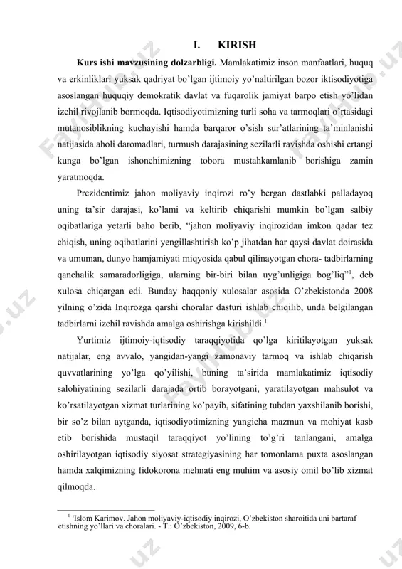 b topish bugungi kunning dolzarb masalalaridan biridir. [2: karimov i.a. bosh maqsadimiz-keng ko’lamli isloxotlar va modernizatsiya yo’lini qat’iyat bilan davom ettirish. 2012 yilda mamlakatimizni ijtimoiy-iqtisodiy rivojlantirish yakunlari va 2013 yilga mo’ljallangan eng muhim ustuvor yo’nalishlarga bag’ishlangan vazirlar mahkamasining majlisidagi ma’ruzasi. // xalq so’zi, 2013 yil, 18 yanvar.] kurs ishining maqsadi. ishlab chiqarish korxonasi samaradorligini oshirishga ta’sir etuvchi omillarning mohiyati va ularni amalga oshirish imkoniyatlarini nazariy va amaliy jihatlarini o’rganish va korxona faoliyatiga tadbiq etishga doir tavsiyalar ishlab chiqishdan iborat. kurs ishining tuzulishi. mazkur kurs ishi: kirish, asosiy qism, 4 ta reja, xulosa va adabiyotlardan tarkib topgan. ii. asosiy qism ii.1. samaradorlikning ijtimoiy-iqtisodiy mohiyati va tushunchasi rivojlanayotgan bozor iqtisodiyoti sharoitida davlatniig iqtisodiy strategiyasi uzoq vaqtga mo’ljallangan fundamental maqsadlarni o’rtaga qo’yish bilan bir qatorda, bu maqsadlarga erishish vositalari, yo’llarini belgilashni ham o’z ichiga oladi. bular orasida ishlab chiqarish samaradorligini to’xtovsiz oshirib borish asosiy o’rinda turadi. har qanday jamiyatda ham ijtimoiy ishlab chiqarish …