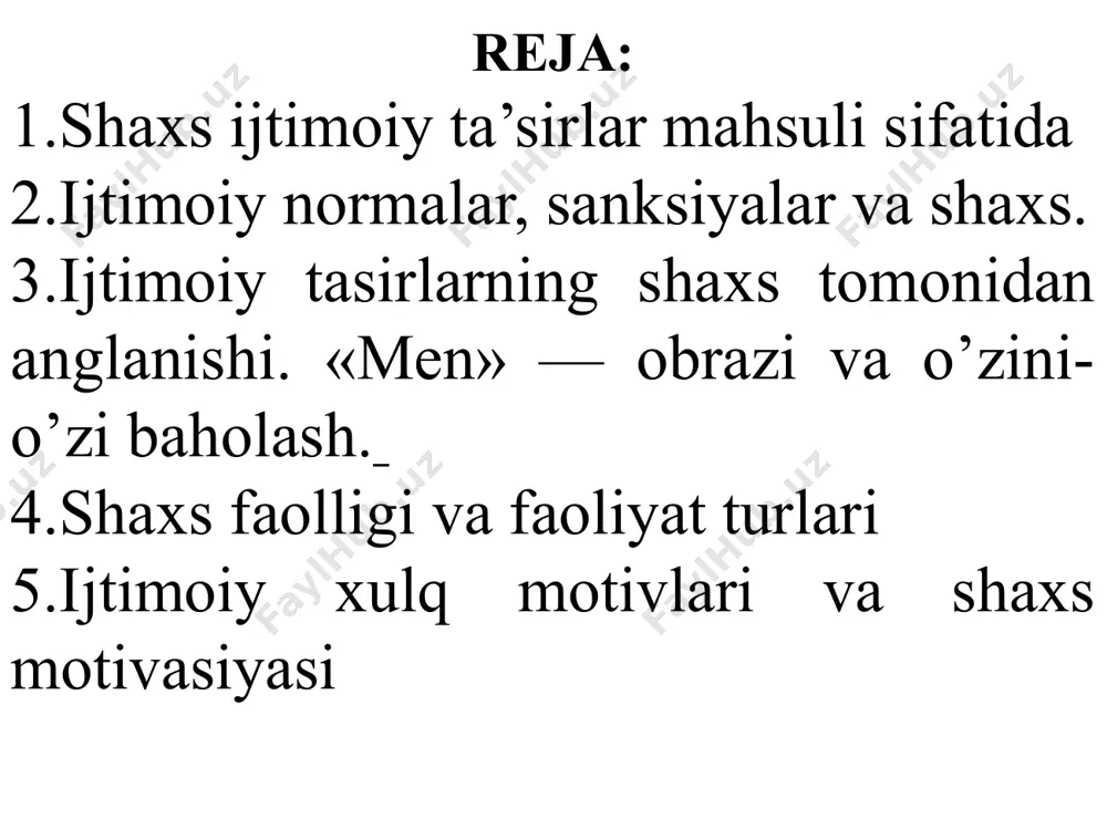 va kamol topishi qonuniyatlarini izlaganlar. 7 lekin, shaxs bilan jamiyat o’rtasidagi o’zaro aloqalar masalasi birdaniga, bir xil yechimga kelinmagan. bu o’zaro munosabatlar asosan ikki polyar nuqtai nazardan kelib chiqadi. 8 nativizm yo’nalishining tarafdorlari insonlardagi barcha xususiyatlarni tug’ma xarakterga ega, deb e’tirof etadilar. (lens, gruber va boshqalar). 9 empirizm tarafdorlarining fikricha, yangi tug’ilgan bola go’yoki «top-toza taxta»(tabula rasa), unga hayot va undagi talablar o’zining qonuniyatlarini yozadi va bola ularga so’zsiz bo’ysunishga majbur. bu yo’nalishning asoschilaridan biri dj.lokk bo’lib (1632 — 1704) uning fikricha, tug’ma fikrlar yoki g’oyalar bo’lishi mumkin emas, ular xohish-tilak va og’riq kabi elementar sezgilarning qayta ishlanishi natijalaridir. hayotda ana shunga o’xshash turli xil sezgilar va g’oyalarning assosiasiyasi ro’y beradi. 10 gotfrid vilgelm leybnits (1646—1716) lokka e’tiroz bildirib, hayotda umuman toza, sof doskaning o’zi bo’lmaydi, xattoki, eng yaxshi silliqlangan marmar yuzasida ham sezilarli teshiklar, do’ngliklar yoki tug’ma asoratlar bo’ladiki, ular layoqatlardek, inson taqdirida ma’lum rol o’ynaydi. 11 bu ikkala …