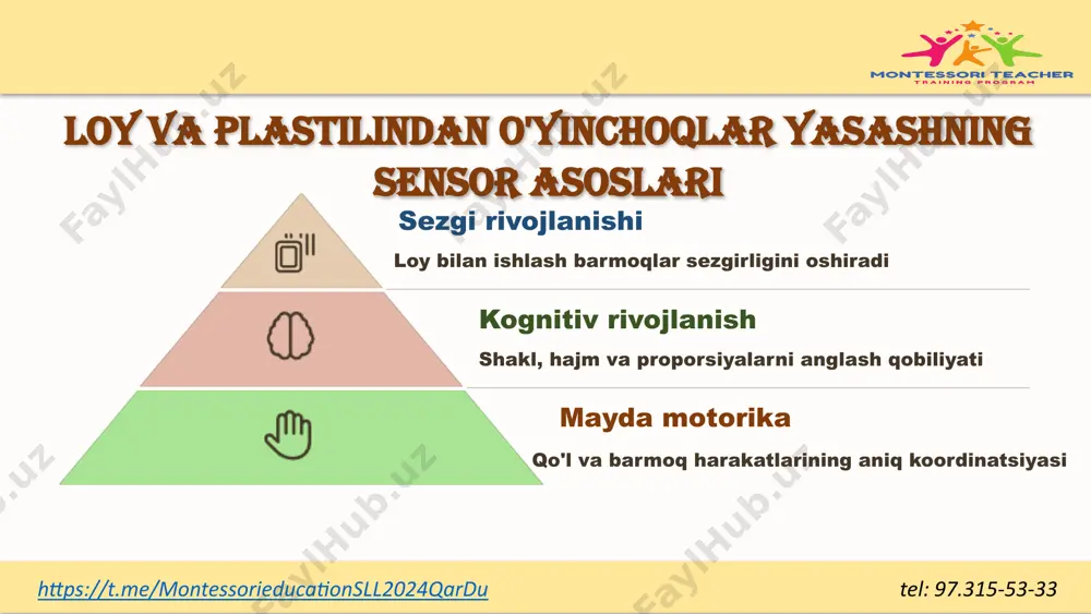 8 loy ishi mashg'ulotlarining amaliy natijalari 5+ ko'nikmalar loy ishi mashg'ulotlari davomida bolalar kamida 5 ta asosiy haykaltaroshlik texnikasini o'zlashtiradilar 3 rivojlanish sohalari sensor, kognitiv va ijodiy rivojlanish sohalari faol shakllanadi 20+ amaliy ishlar o'quv yili davomida har bir bola o'rtacha 20 dan ortiq amaliy ishlarni bajaradi https://t.me/montessorieducationsll2024qardu tel: 97.315-53-33 9 image1.png image2.png image3.png image4.png image5.png image6.png image7.png image8.png image9.png image10.png image11.png image12.png image13.png image14.png image15.png image16.png image17.png image18.png image19.png image20.png image21.png image22.png image23.png image24.png image25.png image26.png
