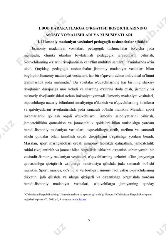 o'rgatadi va uning tuzilishi, funktsiyalari va mukofotlari to'g'risida tushunchalarini oshiradi.shuningdek, jismoniy madaniyat vositalari o'quvchilarning jismoniy rivojlanishlarini oshirishda, jamiyatga qanday foydalanishlari kerakligini o'rgatishda va o'quvchilarning ta'lim muhitini qiziqtirishda muhim ro'lat o'ynaydi. bu yordamida pedagogik jarayonlar samaraliroq va o'quvchilar uchun yaxshi o'zgarishlarni ko'rishadi. [2: o'zbekiston respublikasining “jismoniy tarbiya va sport to’g’risida”gi qonuni // o'zbekiston respublikasi qonun hujjatlari to'plami.-t., 2015 yil, 4 sentyabr. www.lex.uz ] boshqacha qo'shimcha tushunchalar va jismoniy madaniyat vositalari orqali ta'limning samarali yuritilishi va o'quvchilarning o'zlarini rivojlantirishi: jismoniy madaniyat vositalari, o'quvchilarga qiziqarli va tinchlikli muhit yaratishda o'rin oladi. masalan, yoga, meditatsiya, va sport mashg'ulotlari o'quvchilarni stresni kamaytirish, tinchlik va barqarorlik hissini oshirishda muvaffaqiyatli bo'ladi.jismoniy madaniyat vositalari, guruh ishlarida hamkorlik va jamoatchilik ruhini rivojlantirishga yordam beradi. sport, rejissorlik, yondashuv va boshqa jismoniy faoliyatlar jamoat bilan birgalikda ishlash va komanda ahamiyatini o'rgatishda foydalaniladi.ba'zi jismoniy madaniyat vositalari, masalan, musiqa, rassomlik, yozuvchi, va boshqa ijodiy faoliyatlar, o'quvchilarni ijodiylik va tashqi fikrni rivojlantirishda yaratuvchilikni oshirishga …
