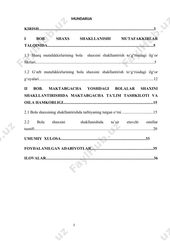 ...........................................33 foydalanilgan adabiyotlar..............................................................35 ilovalar............................................................................................................36 kirish mamlakatimizda yosh avlod ta’lim-tarbiyasiga alohida e’tibor qaratilmoqda. o‘g‘il-qizlarning zamonaviy bilim olishi, yuksak ma’naviyatli bo‘lib ulg‘ayishi uchun zarur sharoit yaratish borasidagi ishlar izchil davom ettirilmoqda."bizni hamisha o‘ylantirib keladigan yana bir muhim masala – bu yoshlarimizning odob-axloqi, yurish-turishi, bir so‘z bilan aytganda, dunyoqarashi bilan bog‘liq. bugun zamon shiddat bilan o‘zgaryapti. bu o‘zgarishlarni hammadan ham ko‘proq his etadigan kim – yoshlar. mayli, yoshlar o‘z davrining talablari bilan uyg‘un bo‘lsin. lekin ayni paytda o‘zligini ham unutmasin. biz kimmiz, qanday ulug‘ zotlarning avlodimiz, degan da’vat ularning qalbida doimo aks-sado berib, o‘zligiga sodiq qolishga undab tursin. bunga nimaning hisobidan erishamiz? tarbiya, tarbiya va faqat tarbiya hisobidan", deya ta’kidladi prezidentimiz. bu vazifalar maktab, oila, mahalla, butun jamoatchilikka katta mas’uliyat yuklaydi. mamlakatimizda ta’lim-tarbiya sohasining barcha bo‘g‘inlari – maktabgacha ta’lim, maktab, o‘rta maxsus va oliy ta’lim tizimini takomillashtirish, yangi muassasalar bunyod etish va mavjudlarini qayta ta’mirlash bo‘yicha olib borilayotgan ishlar yoshlar kamolotida o‘z samarasini …