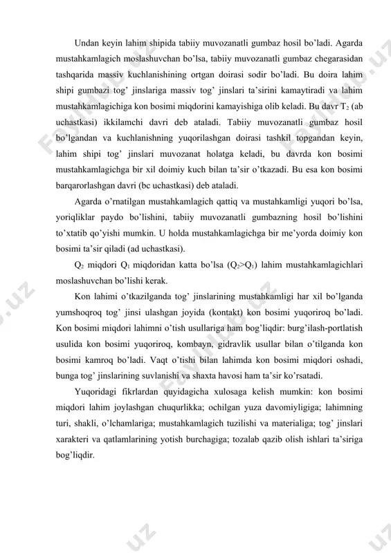 g’un, devorlari va tag qismi turg’un; v-lahim shipi va devorlari noturg’un, ostki qismi turg’un; g-lahim shipi, devorlari va tag qismi noturg’un; 2a-qulash gumbazi kengligi; v-qulash gumbazi balandligi. prof. m.m. protodyakonov tabiiy muvozanatli gumbaz balandligi(b)ni quyidagi formula bo’yicha aniqlagan: bu yerda: f-tog’ jinslarining mustahkamlik koeffitsiyenti. φ- tog’ jinslarining ichki ishqalanish burchagi. lahimning xizmat qilish muddati bir yildan ortiq bo’lsa, q miqdorini ikki barobar oshirishni prof. m.m. protodyakonov tavsiya etgan ya’ni: prof.m.m. protodyakonov ilmiy farazini sochiluvchan tog’ jinslari uchun qo’llasa bo’ladi. bog’langan va yoriqlari ko’p tog’ jinslar uchun bu ilmiy farazlar qo’llanilsa aniq ko’rsatkichlari ko’p vaqtlarda amaliyotga to’g’ri kelmaydi. bu holatlarda gumbaz va qulash doirasi o’lchamlari xarakteri boshqacha bo’ladi. prof.m.m. protodyakonov ilmiy farazini prof.p.m. simbarevich rivojlantirdi. p.m. simbarevich yer osti lahimlarining yon atrof tog’ jinslari yuqorida bayon etilgan to’rt holati uchun kon bosimi miqdorini aniqladi. tog’ jinslari birinchi holati lahim shipi, devorlari va tagi qismi turg’un, (rasm, a) shuning uchun kon bosimi …