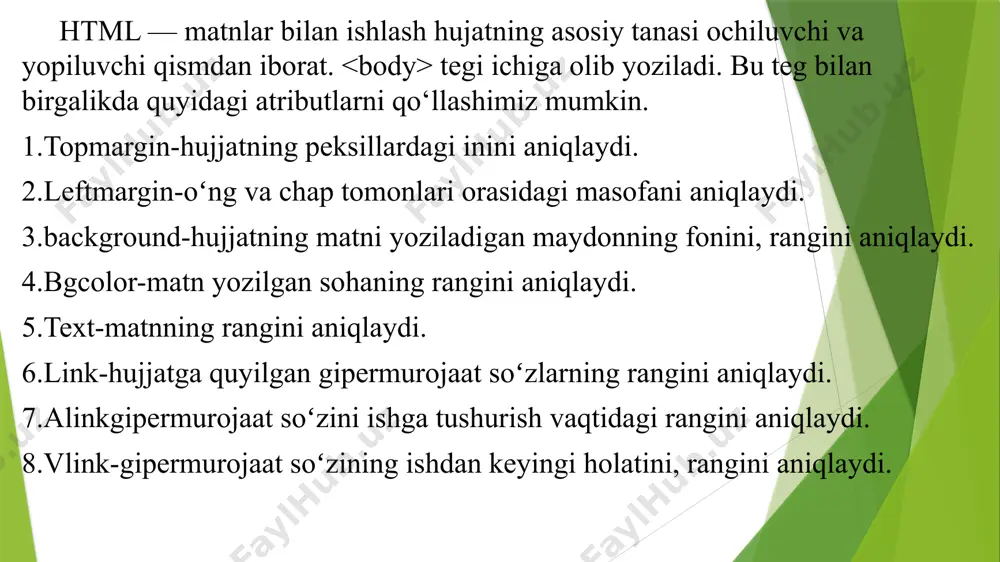ibutlardan foydalanishimiz mumkin. 1.1.align-sarlavhaning gorizontal boʻyicha joylashishini belgilaydi. 1.2.left — sarlavhaning gorizontal boʻyicha chap tomonga joylashishini belgilaydi. 1.3.right — oʻng tomonga joylashishini belgilaydi. 1.4 center — oʻrtaga joylashishini belgilaydi. 2. p — hujjatda paragrflarni aniqlash uchun ishlatiladi. bu tegga ham yuqoridagi atributlardan foydalanib turli xil oʻzgarishlar kiritishimiz mumkin. 2.1. align — ikkala tomonini toʻgʻirlash. 2.2.left — chap tomonga to‘gʻirlash. 2.3.right — oʻng tomonga toʻgʻirlash. 2.4.center — oʻrtaga toʻgʻirlash. 3. br — bu teg matnni alohida satrlga yozish uchun qoʻllaniladi. matn matn 4. hr — bu teg hujjat ichida alohida gorizontal chiziq qoʻyish uchun ishlatiladi. matn matn. bu teg bilan birgalikda quyidagi atributlar ham ishlatiladi 4.1.width — chiziqning uzunligini aniqlash uchun ishlatiladi. uzunlik oʻlchami peksillarda yoki protsentlarda berilishi mumkin 4.2. size — chiziqning qalinligini peksillarda aniqlaydi. 4.3.align — chiziqning oʻng va chap tomoniga bir xil tekislikda joylashishini ta’minlaydi 4.4.lift — chap tomonga joylashishini ta’minlaydi. 4.5.right — oʻng tomonga joylashishini ta’minlaydi. 4.6.center …