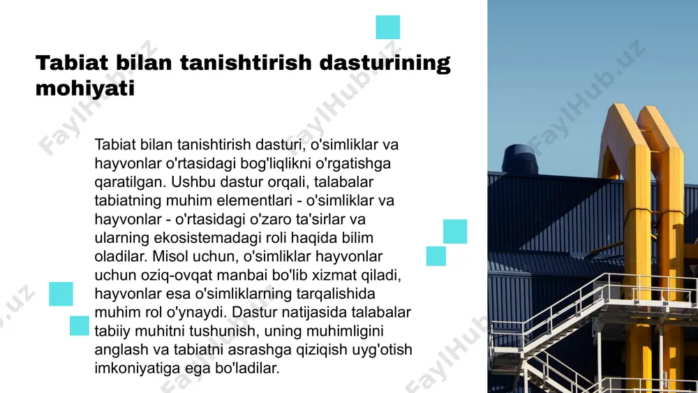 bu esa ekosistema o‘zgarishlariga olib keladi. ikkinchi tamoyil ekosistemadagi bog‘liqlikni ko‘rsatadi. har bir o‘simlik yoki hayvon boshqa turlar bilan bog‘liqdir. masalan, qushlar o‘simliklardan oziq-ovqat olishadi va ularning tuxumlari o‘simliklar orasida joylashadi. uchinchi tamoyil esa o‘zgaruvchan sharoitlar va moslashuv haqida: hayvonlar va o‘simliklar atrof-muhitga moslashish uchun o‘zgaradi, bu esa ularning yashash uchun kurashishiga yordam beradi. o‘simlik va hayvonlarning ekosistemadagi roli o‘simliklar va hayvonlar ekosistemalar uchun muhimdir. o‘simliklar, fotosintez jarayoni orqali, havoni tozalash va oziq-ovqat ta'minlash bilan birga, hayvonlar uchun yashash joyi hamdir. hayvonlar esa o‘simliklarni changlantirish va ularni tarqatishda o‘rganishadi, bu esa o‘simliklarning ko‘payishiga yordam beradi. ularning o‘zaro ta’siri ekosistemada muvozanatni saqlash uchun zarurdir. o‘simlik va hayvonlar o‘rtasidagi muvozanatni saqlash zarurati o‘simlik va hayvonlar o‘rtasidagi muvozanatni saqlash, ekosistemalarning barqarorligini ta'minlaydi. agar bitta tomon o‘zgarsa, bu boshqa tomonlarga ta'sir ko‘rsatadi. masalan, o‘simliklar kamayganda, hayvonlar oziq-ovqat manbaidan mahrum bo‘lishi mumkin. shuning uchun, o‘zaro ta’sir natijasida yuzaga keladigan manfaatlar, masalan, o‘simliklarning oziq-ovqat manbai bo‘lishi …