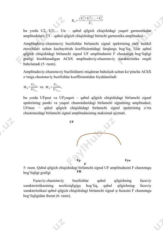 ymati. ( f p f yu f f н u f ) 5- rasm. qabul qilgich chiqishidagi birlamchi signal uf amplitudasini f chastotaga bog‘liqligi grafigi fazaviy-chastotaviy buzilishlar qabul qilgichning fazaviy xarakteristikasining nochiziqligiga bog‘liq, qabul qilgichning fazaviy xarakteristikasi qabul qilgich chiqishidagi birlamchi signal φ fazasini f chastotaga bog‘liqligidan iborat (6- rasm). ( f φ ) 6- rasm. qabul qilgich chiqishidagi birlamchi signal φ fazasini f chastotaga bog‘liqligi har xil buzilishlar turlari har xil qabul qilinadigan signallarning turlariga turlicha ta’sir qiladi. masalan, telefon signallarini qabul qilishda nochiziqli buzilishlar katta ahamiyatga ega bo‘ladi, bunda fazaviy-chastotaviy buzilishlar sezilarli bo‘lmaydi, chunki inson qulog‘i tovush tebranishlari fazalarining o‘zgarishlarini payqamaydi. shu bilan bir vaqtda radioimpulsli signallarni qabul qilishda fazaviy-chastotaviy buzilishlar chiqish videoimpulslarini juda sezilarli buzadi. qabul qilgichning qayta sozlanishi vaqti radioaloqaning ishonchliligini aniqlaydi. hozirgi vaqtda qayta sozlanish vaqti sekundning ulushlarini tashkil etadi.