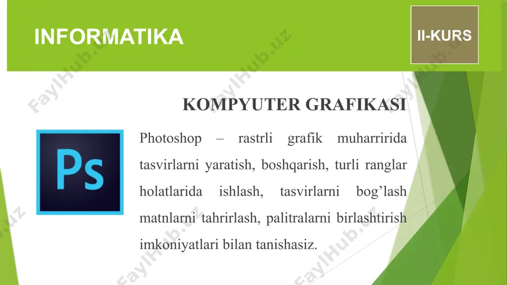 rani satrlarga va ustunlarga ajratib chiqilgan bo’lib, har bir qator va ustun kesishgan joyda piksel deb ataluvchi juda kichik tasvir bo’laklari joylashgan. piksellarning har biri alohida manzilga ega va mustaqil boshqarilishi mumkin. har bir piksel uchun xotirada bir baytdan to’rt baytgacha joy ajratilishi mumkin. demak, har bir piksel 256 tadan 4 milliardgacha bo’lgan ranglardan birida bo’lishi mumkin. ekrandagi har bir piselning o’zi 3 ga bo’linadi: qizil, yashil, ko’k (rgb). bu ranglar asosiy ranglar deb ataladi va turli nisbatda qo’shilib, tabiatda uchraydigan ranglarning deyarli barchasini yarata oladi. kompyuter grafikasi kompyuter grafikasi faoliyatning shunday turiki, unda kompyuter va maxsus yaratilgan dasturlardan foydalanib, tasvirlar yaratiladi, mavjudlari raqamli ko’rinishga o’tkaziladi, qayta ishlanadi, saqlanadi va qulay ko’rinishda tasvirlanadi. kompyuter grafikasi o’tgan asrning 70-80 yllaridan boshlab ommaviylashgan. hozirgi kunda kompyuter grafikasi shu qadar rivojlanganki, uning ehtiyojlarini qondirish kompyuter texnikasining jadal rivojlanishining asosiy sabablaridan biri bo’lib qolmoqda. kompyuter grafikasi kompyuter grafikasi ilm-fanga, tijoratga, san’at va sportga ham …