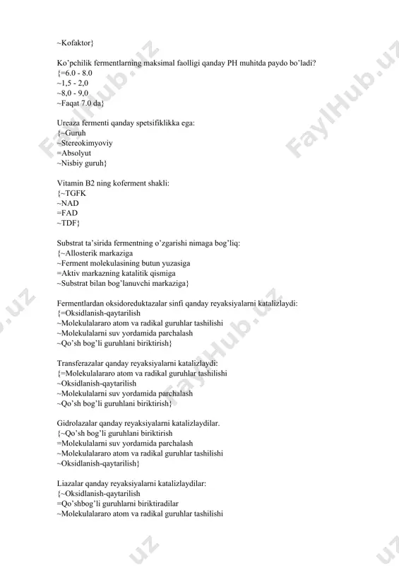 kislota ~malat kislota ~izolimon kislota ~suksinat} atsetil-koaning krebs siklida oksidlanishidan qancha atp molekulasi xosil bo’ladi: {~15 ~10 =12 ~18} kavsh qaytaruvchilar xayvonlarda kletchatkaning gidroliz mahsulotlari qanday shaklda so'riladi: {~selobioza ~glukoza-6- fosfat =uchuvchi yog’ kislotalari ~fruktoza-6- fosfat} anabolizm bu: {~biomolekula sintezi ~oddiy birikmalardan murakkablari sintezi =energiya yutilishi bilan boradigan biogen molekulalar sintezi ~oddiy moddalardan murakkablari sintezi} dekarboksillanish bu: {=karboksil gruppaning ajralishi ~uglevodorod radikali ajralishi ~is gazi ajralishi ~ammiak xosil bo'lishi} metabolit bu: {=moddalar almashinuvining oraliq maxsuloti ~moddalar almashinuvi murakkab biomolekulalari ~oziq moddalaphing tarkibiy qismi ~moddalar almashinuvi makroergik birikmalari} metabolizm bu: {=moddalar va energiya almashinuvi ~oziq moddalarning o'zgarishi ~murakkab moddalarning parchalanish reaksiyalari ~murakkab moddalarning gidrolitik parchalanish reaksiyalari} moddalar almashinuvi qanday tartibda bo'ladi? {~so'rilish, xazmlanish, oraliq almashinuv, ajralish =xazmlanish, so'rilish, oraliq almashinuvi, ajralish ~ajralish xazmlanish so'rilishpromejutochniy obmen ~so'rilish xazmlanish oraliq almashinuv ajralish} substratli fosforillanish reaksiyalariga oid bo’lgan jarayon ? {~difosfoglitseratkinazali; =piruvatkinazali ~fosfofruktokinazali; ~laktatdegidrogenazali;} moddalar almashinuvi oraliq maxsulotlaridan glyukozaning xosil bo'lishi qanday jarayon? {~likoliz …