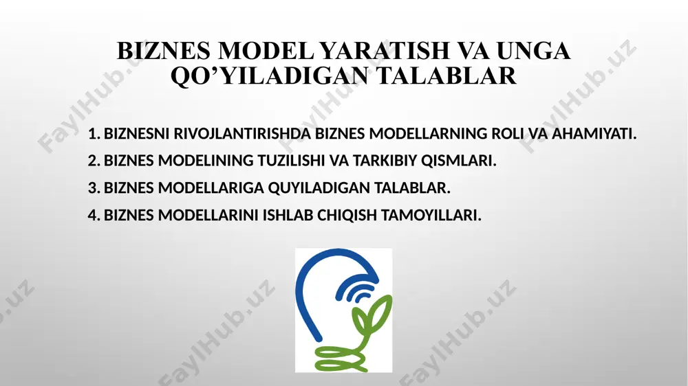 r. iste’molchilar guruhi quyidagi hollarda turli segmentlarni ifodalaydi: • ularning talablaridagi xilma xillik taklifning xilma xil bo’lishiga olib keladi; • o'zaro munosabatlar turli savdo kanallari orqali amalga oshiriladi; • ularning har biri bilan alohida munosabatlar o’rnatiladi; • ularning manfaatdorlik darajasi sezilarli darajada farqlanadi; • ularni taklifning turli xil jihatlari jalb qiladi. shulardan kelib chiqib, quyidagilar iste'molchilar segmenti bo’lishi mumkin: ommaviy bozor, nish bozor, ko'p tarmoqli korxona va boshqalar qiymatli taklif - bu kompaniya iste’molchiga taqdim etishga tayyor bo'lgan imtiyozlar to'plami. masalan, yangilik, ishlash, buyurtma berish, o'z ishini bajarishga yordam berish, dizayn, brend/status, narx, xarajatlarni tejash, xavfni kamaytirish, qulaylik va hokazo. tarqatish kanallari bir qator funksiyalarni bajaradi, xususan: • iste'molchilarning kompaniya mahsulotlari va xizmatlari haqida xabardorligini oshirish; • kompaniyaning qiymat taklifini baholashga yordam berish; • iste'molchiga ma'lum tovarlar va xizmatlarni sotib olishga ruxsat berish; • iste'molchini qiymat takliflari bilan tanishtirish; • sotishdan keyingi xizmatni taqdim etish mijozlar bilan munosabatlar. masalan, shaxsiy …