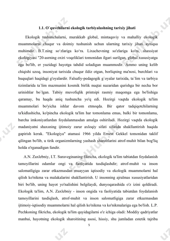 m jarayonining tarkibiy qismlari quyidagilardan iborat: maqsadlar, tamoyillar, vazifalar; usullar, shakllar, vositalar; shartlar; natijalar: boshlang'ich sinf o'quvchilarining ekologik va umumiy madaniyatini shakllantirish; kichik yoshdagi maktab o’quvchilarining bilim darajasini oshirish; a.n. zaxlebniy ekologik ta'limning maqsadi maktab o'quvchilarining barcha faoliyat turlarida atrof-muhitga mas'uliyatli munosabatini shakllantirishni ta'minlaydigan ilmiy bilimlar, qarashlar va e'tiqodlar tizimini shakllantirishdir, deb hisoblaydi. i.t. suravegina ekologik ta'lim maqsadini "yangicha tafakkur asosida qurilgan atrof-muhitga mas'uliyatli munosabatni shakllantirish" deb belgilaydi. bu axloqiy me'yorlarga rioya qilishni nazarda tutadi va huquqiy tamoyillar tabiatni boshqarish va uni optimallashtirish g'oyalarini ilgari surish, o'z hududini o'rganish va muhofaza qilish bo'yicha faol ish. bilan zamonaviy sinfdan tashqari mashg'ulotlar qurilishi negizida atrof-muhitga yo'naltirilganlik, l.p.ga ko'ra. pech quyidagi maqsadli sozlamalarni o'z ichiga olishi kerak: inson hayoti, mehnati va dam olish muhiti sifatidagi tabiiy va ijtimoiy muhitga yaxlit nuqtai nazarni shakllantirish; atrofdagi dunyoni sezgi organi va yo'naltirilgan qiziqish orqali idrok etish ko'nikmalarini rivojlantirish, atrofdagi voqelikning omillari va hodisalarini tahlil qilishda sababiy …