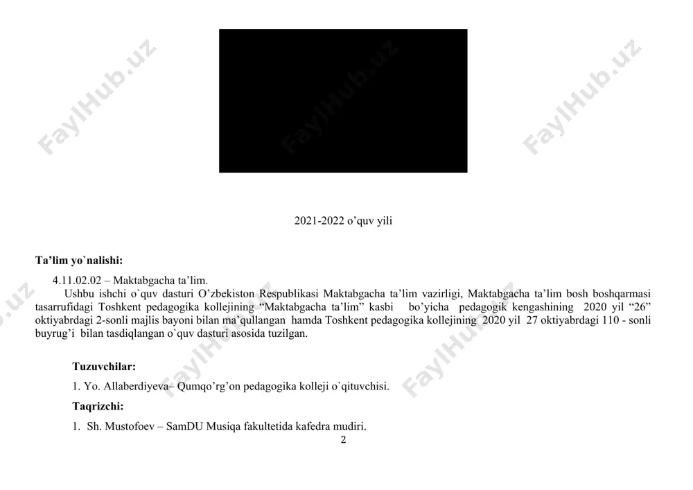v ishchi dastur nomi bolalarning musiqiy ta’limi inson tafakkuri nihoyatda kuchli bo‘lib, bu kuchning beqiyosligi uning yoshligidan bilimlarni qanday va qancha o‘zlashtirishiga juda bog‘liqdir. pedagog va psixologlarimiz fikricha bola 5 yosh gacha insoniyat tajribasining 50- 60% o‘zlashtirar ekan, demak mana shu yosh gacha bolaga eng kerakli bilimlarni yoshiga mos ravishda berish bolaning kelajakda qanday inson bo‘lishiga juda katta turtki bo‘ladi. “ilk qadam” davlat dasturining maqsad, vazifalari va tamoyillarini, hujjat tuzilmasi, ilk va maktabgacha yoshdagi bolalarni oʼqitish va rivojlantirish uchun dasturning ustunligi haqida bilim berish. dasturning maqsadi o’quvchilarning musiqaviy ko’nikma va malakalarini rivojlantirish, hamda musiqa haqida tushuncha berish bilan musiqadan zavqlanishni, musiqa adabiyotlaridan foydalanish, musiqa tinglash, qo’shiq kuylash, musiqiy ritmik harakat bajarishga o`quvchilarni jalb qilish, musiqani amaliyot bilan bog’lash, mavzularga mos ko’rgazmali qurollar tayyorlash, o’quvchilarni boy me’rosimizdan bahramand etish, kasbiy kompetentligini oshirishda bilimlarini amalda qo’llay bilishlariga o`rgatish fanning asosiy maqsadidir. o’zlashtirish (o’qitish) natijalari · o`quvchilarni kasbiy kompetentligini oshirish va musiqiy bilimdonlikning …