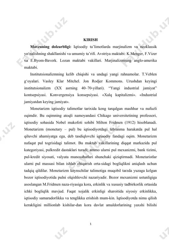 uzaga kelgan bozor iqtisodiyotida pulni olqishlovchi nazariyadir. bozor mexanizmi ustunligiga asoslangan m.fridmen naza-riyasiga kora, erkinlik va xususiy tadbirkorlik ortasida ichki bogliqlik mavjud. faqat xojalik erkinligi sharoitida siyosiy erkinlikka, iqtisodiy samaradorlikka va tenglikka erishish mum-kin. iqtisodiyotda nima qilish kerakligini millionlab kishilar-dan kora davlat amaldorlarining yaxshi bilishi dargumon, deydi m.fridmen. davlatning xojalik jarayonlarga aralashuvi iqtiso-diyotning ozini-ozi tartiblash tizimini buzishga olib keladi. shuning uchun davlat pul va ishlab chiqarish barqarorligini taminlagan holda, pul muomalasini nazorat qilish bilan cheklanmogi lozim. mustaqil taraqqiyot yo`liga o`tgan o`zbekistonlik olimlar oldida, ko`pgina fanlar kabi, iqtisodiyot fani borasida ham katta ishlarni amalga oshirish vazifasi turibdi. iqtisodiyot insoniyat tarixi kabi qadimiydir. iqtisodiyotga oid fikr, g`oya, qarash, nazariya va ta'limotlar ham ko`p ming yillik tarixga ega. lekin ularning asosiy qismi yozuv paydo bo`lganidan so`ng, yozma manbalardan bizgacha yetib kelgan. bu manbalar, ulardagi g`oyalar avvalo insoniyatning muqaddas mulkidir, uni topish, o`rganish va kelajak uchun saqlash savobli bo`lsa, ulardagi nodir fikrlarni hayotga tatbiq …