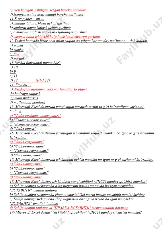 skdagi programma yoki ma`lumotlar to`plami b) hotiraga saqlash c) matn muharriri d) ma’lumotni nomlash 15. microsoft excel dasturida yangi xujjat yaratish tartibi to’g’ri ko’rsatilgan variantni tanlang: a) "файл-создать–новая книга" b) "главная-новая книга" c) "вставка-новая книга" d) "файл-книга" 16. microsoft excel dasturida yaratilgan ish kitobini saqlash mumkin bo’lgan to’g’ri variantni ko’rsating: a) "файл-сохранить" b) "файл-отправить" c) "главная-сохранить" d) "файл-открыть" 17. microsoft excel dasturida ish kitobini ochish mumkin bo’lgan to’g’ri variantni ko’rsating: a) "файл-открыть" b) "файл-отправить" c) "главная-сохранить" d) "файл-открыть" 18. microsoft excel dasturi ish kitobiga yangi sahifani (лист) qanday qo’shish mumkin? a) sahifa nomiga sichqoncha o’ng tugmasini bosing va paydo bo’lgan menyudan "вставить" amalini tanlang b) sahifa nomiga sichqoncha chap tugmasini ikki marta bosing va sahifa nomini kiriting c) sahifa nomiga sichqoncha chap tugmasini bosing va paydo bo’lgan menyudan "добавить" amalini tanlang d) sahifa nomini tanlang va "правка\вставить" menyu amalini bajaring 19) microsoft excel dasturi ish kitobidagi sahifani (лист) qanday o’chirish …
