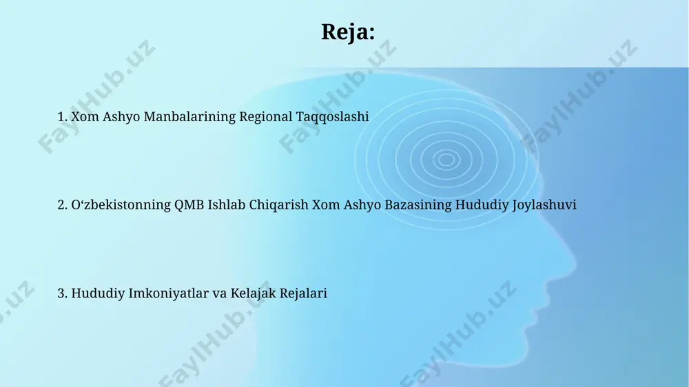 omashyo resurslari xorazmning mineral resurslari, xususan, o'g'itlar ishlab chiqarish uchun kerakli fosfor va kaliy tuzlari, qmb ishlab chiqarish hajmini oshirishga yordam beradi. viloyatda joylashgan kimyo sanoati korxonalari qmb ishlab chiqarish uchun zarur bo'lgan 15 dan ortiq turdagi kimyoviy moddalarni yetkazib beradi. andijon viloyatining xomashyo resurslari andijon viloyatining mineral resurslari, jumladan, 10 dan ortiq turdagi loy va qum konlari qmb ishlab chiqarish jarayonida qo'llaniladigan maxsus to'ldiruvchi materiallarni ta'minlaydi. viloyatda 20 dan ortiq yirik kimyo sanoati korxonalari mavjud bo'lib, ular qmb ishlab chiqarish uchun zarur bo'lgan qo'shimcha kimyoviy komponentlarni ta'minlaydi. farg'ona viloyatining xomashyo resurslari viloyat hududida 10 ga yaqin rangli metallar konlari mavjud bo'lib, ular mis, qo'rg'oshin va sink rudalarini o'z ichiga oladi, bu qmb ishlab chiqarish uchun muhim ahamiyatga ega. farg'ona viloyati o'zida 20 dan ortiq yirik qora metallurgiya korxonalariga xomashyo yetkazib beruvchi temir rudasi konlariga ega bo'lib, yillik qazib olish hajmi 500 ming tonnadan oshadi. navoiy viloyatining xomashyo resurslari viloyatda …