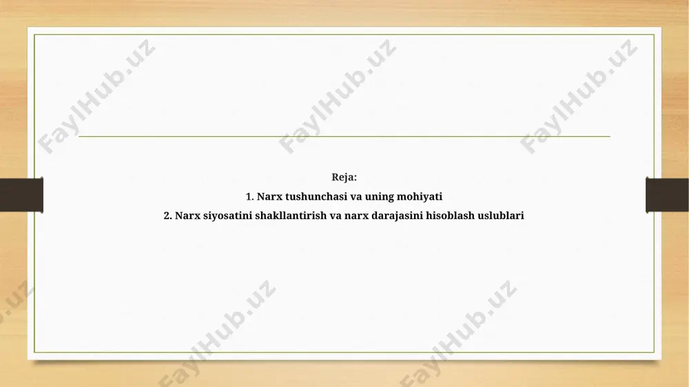 - raqobatchilar tovari va narx tahlil qilinadi, - narxni shakllantirish uslubi tanlanadi, - oxirgi natijaviy narx o‘rnatiladi. «o‘rtacha xarajatlar plyus foyda» tamoyili bo‘yicha narx belgilash tovarning tannarxiga muayyan ustama qo‘yishdan iborat bo‘lib, narx belgilashning eng oddiy usuli hisoblanadi. ustama narx miqdori tovar turiga qarab, juda keng chegaralarda tebranib turadi. shuningdek, tovarning ishlab chiqaruvchidan pirovard natijada iste’molchiga yetib borishga qarab oxirgi narx ulgurji va chakana savdo qo‘yadigan ustama narxlar yakunini ifodalaydi. «ko‘zlangan foyda normasi» olishni ta’minlaydigan narx belgilash usulini qo‘llaydigan ishlab chiqaruvchilar oldindan sarf etilgan kapital uchun muayyan qaytim foiz olishga intiladilar. bu usul o‘rtacha solishtirma xarajatlarni hisoblashga asoslanadi. image5.png image6.png image7.jpeg image8.jpeg image9.jpeg image3.png image4.png