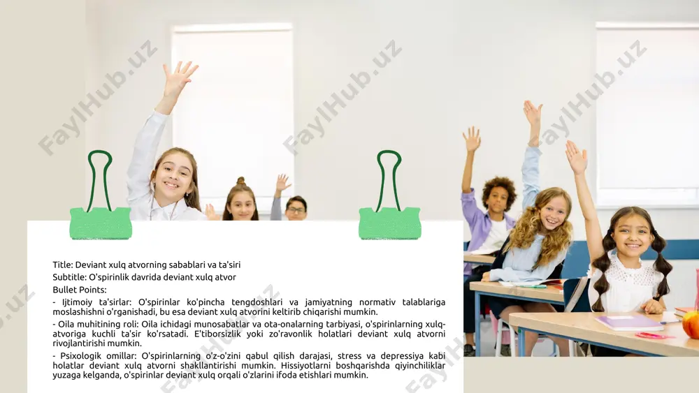 faqat internetda vaqt o'tkazish. 5. qonunbuzarlik: ba'zi o'spirinlar qonunlarga xilof harakatlar qilish orqali o'zlarini ko'rsatadilar. misol: maktabda o'qituvchilarga qarshi chiqish. photo by aaron burden on unsplash o'spirinlik davrida deviant xulq atvor bilan bog'liq ijtimoiy muammolar o'spirinlik davrida deviant xulq atvor ijtimoiy muammolarni keltirib chiqaradi. o'z-o'zini zarar yetkazish, qonunbuzarlik, giyohvandlik, jinsiy xulq-atvor va ta'limdagi muammolar, bu jarayonlarning asosiy ko'rinishlaridir. muammo: o'z-o'zini zarar yetkazish o'z-o'zini zarar yetkazish, o'spirinlar orasida keng tarqalgan muammo bo'lib, bu holat psixologik stress yoki depressiya natijasida yuzaga keladi. yoshlar o'zlarini sharafsiz his qilganda, o'ziga zarar yetkazish orqali bu his-tuyg'ularni engillashtirishga harakat qilishadi. muammo: qonunbuzarlik o'spirinlik davrida qonunbuzarlik, yoshlarning qo'pol xulq-atvori va jinoiy faoliyatlarga kirishishi bilan bog'liq. bu muammo, o'spirinlarning ijtimoiy muhitda o'z o'rnini topa olmayotganliklaridan kelib chiqadi. muammo: giyohvandlik giyohvandlik, o'spirinlar orasida eng xavfli ijtimoiy muammolardan biridir. o'spirinlar giyohvandlikka kirishishlari, ko'pincha do'stlar yoki ijtimoiy bosim ta'sirida sodir bo'ladi. muammo: jinsiy xulq-atvor o'spirinlar jinsiy xulq-atvorida noaniqliklar va muammolar bilan …