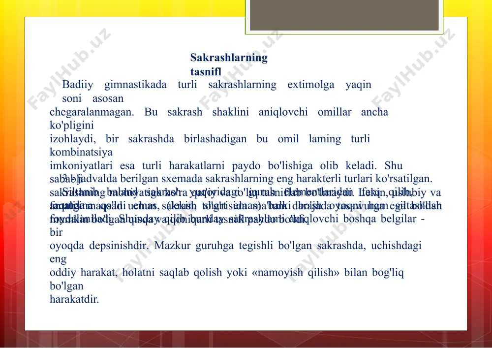 tayyorgarlik bosqichi dinamikasi o'ziga xosdir.qo'llami orqaga siltash va ungacha bo'lgan (agar, gimnastikachi statikholatda bo'lsa) holatda oyoq bilan tayanchga beriladigan bosimsportchi tanasi og'irligi bilan teng bo'ladi(10- rasm, 1-kadr). yarimcho'qqayish boshlanishida bosim pasayadi: bukilib qo'llami pastga yo'naltira turib, gimnastikachi tayanch a'zolarini yuqoriga harakatlantiradi va keskin harakatda bu hatto tayanchni qisqa muddatga yo'qolishiga olib kelishi mumkin. lekin oyoqlami bukishning boshlang'ich impulsidan so'ng, darhol mushak apparati oyoqlar hali tizza va tos-son bo'g'imidan bukiladi, depsinishni ta'minlovchi yozuvchi mushaklar esa tezlik bilan ishga kirishib ketadi. shuning uchun yarimcho'qqayishning ikkinchi qismida(3-5-kadr)tayanchga bo'lgan bosim yana kuchayib mazkur sakrash uchun yoki yarim cho'qqayishning oxirgi fazasida (joydansakrashda), yoki ancha kechroq maksimum holatga yetadi. yarimcho'qqayish amortizatsiya vazifasini ham bajaradi:gimnastikachi oldingi harakat tezligini qisman kamaytira turib,kuchlanishni oyoq uchidan oyoq kaftiga (oyoq kaftlarini yozish)o'tkazish va oyoqning tizza hamda tosson bo'g'imini bukish hisobiga tayanchga kelishini engillashtiradi. yuguribkelibbajariladigansakrashdatayyorgarlikbos-qichiningfazaii tuzilishi,shubhasizo'zgaradi.shartga ko'ra, buni 3 fazaga bo'lish raumkin. 13-rasm tezlikni oshirish fazasi stilistik qadamlar va irg'ishlar bilan bajariladigan …