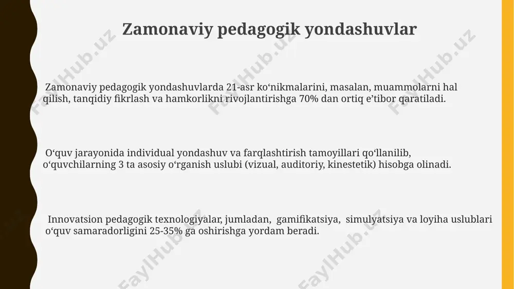 hi mumkin. pedagogik texnikalarga kirish pedagogik texnikalarning samaradorligi 5-10% ga o'quvchilarning faol ishtirokini oshirish orqali, o'quv jarayoniga individual yondashuvni ta'minlaydi. metakognitsiyani rivojlantirishga qaratilgan pedagogik texnikalar, xususan, o'z-o'zini baholash va refleksiya usullari, talabalarning 20% ga ko'proq mustaqil bilim olishini ta'minlaydi. differensial ta’limga asoslangan 3 ta asosiy pedagogik texnika (masalan, individual topshiriqlar, guruhdagi hamkorlik, o'yin uslubi) o'quv natijalarini yaxshilashga hissa qo'shadi. muvaffaqiyatli ta'lim uchun vositalar interfaol o'yinlar va tadbirlar orqali o'quv jarayoniga 5 dan ortiq turdagi hissiy-sezgirlikni qo'shish, bilim olishni 2 barobar tezlashtiradi va esda saqlashni yaxshilaydi. muvaffaqiyatli ta'limda o'quvchilarning 70%i audio-vizual ma'lumotlarni yaxshiroq qabul qilishini hisobga olib, ko'rgazmali qurollardan faol foydalanish samarali natijalar beradi. ta'limda individual yondashuvning qo'llanilishi, ya'ni har bir o'quvchining o'ziga xos o'rganish uslubini aniqlash va unga moslashish natijasida o'zlashtirish darajasi 30% ga oshadi. baholash va fikr-mulohaza baholash va fikr-mulohaza natijalarini grafik ko‘rinishda (masalan, gistogramma, diagrammalar) taqdim etish, o‘zgarishlar dinamikasini kuzatish va ta'lim jarayonini takomillashtirish imkonini beradi. “baholash va …