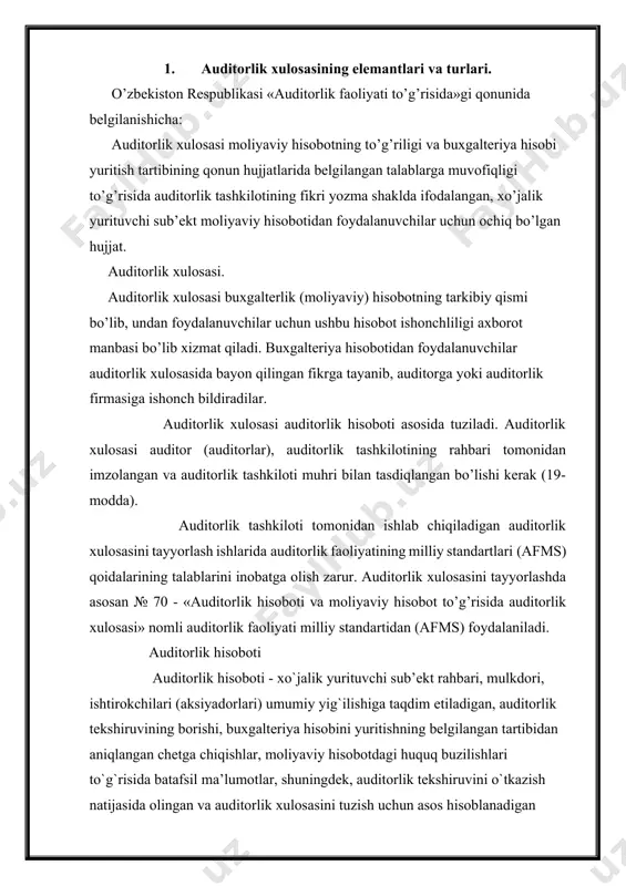 a batafsil ma’lumotlar, shuningdek, auditorlik tekshiruvini o`tkazish natijasida olingan va auditorlik xulosasini tuzish uchun asos hisoblanadigan boshqa axborotdan iborat bo`lgan hujjat. auditorlik xulosasi quyidagi еlementlarni o`z ichiga oladi: a) nom ("auditorlik xulosasi" yoki "auditorlik tashkilotining xulosasi": ikkala nom teng huquqli); b) adresatning nomi; v) kirish qismi; g) qayd еtish qismi; d) yakuniy qism; e) auditorlik xulosasini berish sanasi; j) auditorlik tashkiloti manzili; z) auditorlar va auditorlik tashkiloti rahbarining imzosi. auditorlik xulosalarining turlari · ijobiy auditorlik xulosa · salbiy auditorlik xulosa · modifikatsiyalangan xulosa ijobiy auditorlik xulosasi auditorlik tashkiloti xo`jalik yurituvchi sub’ektning moliyaviy hisoboti uning moliyaviy ahvolini haqqoniy yoritadi va xo`jalik yurituvchi sub’ekt amalga oshirgan moliyaviy va xo`jalik operatsiyalari o`zbekiston respublikasining qonunchiligi talablariga muvofiq degan fikrga kelganda ijobiy auditorlik xulosasi tuzilishi kerak. 70-son afmaga 1-ilova 70-son afmaga 1-ilova ijobiy auditorlik xulosasiga misol "men (biz), ____________________________________________________" (auditorlik tashkiloti nomi va uning rekvizitlari) auditorlik tashkilotining auditori (auditorlari) _______________________________________________________________ (auditorlarning familiyasi, ismi, otasining ismi) …