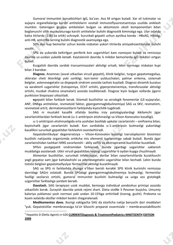 omir yulduzchalaridir. bu tsirrozda astsit rivojlanishi xos bulib, ayrim xollarda kam uchraydi. sistemali yoki jigardan tashkari sindromda artralgiya, mushaklar zararlanishi, isitma, teridagi toshmalar, yurak va upka tomonidan uzgarishlar, talok kattalashishi, limfoadenopatiya, endokrin buzilishlar kuzatiladi. ba’zan shegren sindromi kushiladi. isitma 1g’3 kism kasallarda asosan sag ning zurayish davrida uchraydi, tana xarorati subfebril yoki febrildan past(37-38o s), lekin jigarning ogir zararlanishida yukori bulishi va 20-30 kun ushlanib turishi mumkin. kurinarli organik uzgarishlarsiz mushak va bugimlarda ogrik buladi , ba’zida miasteniya. kasallik boshlanishida kupincha kiz bolalarda terida eritematoz toshmalar paydo buladi, u kupincha tanada, ba’zida yuzda joylashib volchankadagi «kapalakni» eslatadi. bolalar ba’zida yurak soxasidagi ogrik va yurak uynashiga shikoyat 1kilishadi. ob’ektiv yurak chegaralari kengayishi, tonlari bugiklashishi, sistolik shovkin, ritm buzilishi, taxikardiya aniklanadi. sag ning kup uchraydigan belgisi talokning kattalashishi va limfoadenopatiyadir. kushimcha tekshirishlar natijasida gepatorenal sindrom xam aniklanishi mumkin. bir kism kasallarda diareya, axlatda kon, ba’zida yiring aniklanadi. bu uzgarishlar yarali kolit kushilganligidan …