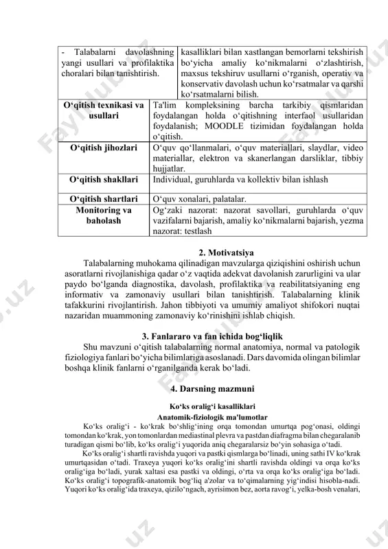 (rentgenoskopiya, polipozitsion rentgenografiya, komp'yuter tomografiya) komp'yuter tomografiya - zamonaviy, batafsil ma'lumot beruvchi tekshiruv usuli hisoblanib, ko‘krak qafasidan kerakli har qanday darajada ko‘ndalang kesma olishga va unda joylashgan barcha a'zolar haqida batafsil ma'lumot olishga imkon beradi. bundan tashqari, ko‘ks oralig‘ining aniq diagnostikasi uchun quyidagi usullar qo‘llanilishi mumkin. pnevmomediastinografiya - ko‘ks oralig‘iga gaz kiritilgandan keyin amalga oshiriladigan rentgenologik tekshiruv. ko‘ks oralig‘i o‘smalarining chegaralarini aniqlashga yordam beradi. sun'iy pnevmotoraks - plevral bo‘shliqqa gaz yuborish bilan bog‘liq tekshirish usuli bo‘lib, o‘pkaning o‘smasini ko‘ks oralig‘idagi o‘smalar va kistalardan tafovut qilish imkonini beradi. angiografiya - yurak va yirik qon tomirlarga kateter yordamida rentgen-kontrast moddalar yuborib rentgen tasvirlarni olib tahlil qiluvchi tekshirishdan iborat. biopsiya olish va diagnozni uzil-kesil aniqlash uchun: bronxlar orqali punksiya, torakoskopiya, transtorakal aspiratsion biopsiya, mediastino-skopiya yoki periarterial mediastinotomiya qilinib material olinadi va undan preparat tayyorlanib, mikroskop yoki elektron mikroskop yordamida tekshiriladi. ko‘ks oralig‘i jarohatlari ko‘ks oralig‘ining ochiq va yopiq jarohatlari farq qilinadi. ularni yana …
