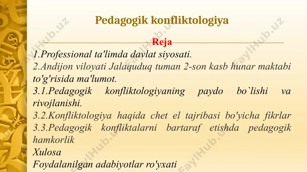 a'lim dasturlaridan tashqari quyi darajadagi ta'lim dasturlari bo'yicha kadrlar tayyorlash huquqi beriladi; b) tizimda mos ravishda boshlang'ich, o'rta va o'rta maxsus professional ta'lim dasturlari joriy etilgan kasb-hunar maktablari, kollejlar va texnikumlardan iborat professional ta'lim muassasalari tarmog'i tashkil etiladi; v) kasb-hunar maktablarida: kadrlar tayyorlash umumta'lim muassasalarining 9-sinf bitiruvchilari hisobidan shakllantirilgan guruhlarda 2 yillik umumta'lim va mutaxassislik fanlarining integratsiyalashgan dasturlari asosida kunduzgi ta'lim shaklida amalga oshiriladi; professional ta'limda davlat siyosati o'zbekiston respublikasi andijon viloyati jalaquduq tuman 2-son kasb hunar maktabi 6 jalaquduq tuman 2- son kasb – hunar maktabi 2020 yil o'zbekiston respublikasi prezidentining 6-sentyabrdagi 5812 sonli qaroriga asosan tashkil topgan bo'lib hozirgi kunda 4 ta yo'nalish bo'ycha hududdagi umumta'lim maktablarining 9-sinf bitiruvchilarini kasb-hunar o'rgatish bo'ycha ish faoliyatini olib bormoqda. kasb-hunar maktabida quydagi yo'nalishlar mavjud: 1.tikuvchi 2.raqamli axborotlarni qayta ishlash ustasi. 3.avtomobillarni ta'mirlash chilangari 4.avtomobillarni elektr jixozlariga texnik xizmat ko'rsatish. avtomobil yo'nalishida taxsil olayotgan o'quvchilar 2 yillik bilm ko'nikmalarni egallagandan so'ng “bc” …