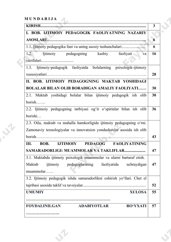 ni beqiyosdir. bolalarning jamiyatga moslashuvi, ularning ijtimoiy muhitda erkin va to‘g‘ri yo‘naltirilgan holda o‘sishi, tarbiyasi va ma’naviy rivojlanishida ijtimoiy pedagogning faoliyati asosiy omillardan biri bo‘lib xizmat qiladi. maktab-nafaqat bilim beruvchi, balki ijtimoiy-huquqiy muhitni shakllantiruvchi muhim ijtimoiy institutdir. maktabdagi ijtimoiy pedagog bolalarning psixologik holati, oilaviy sharoiti, muammolari bilan yaqindan tanishib, ular bilan tizimli ravishda ishlaydi. ayniqsa, ehtiyojmand, ijtimoiy xavf ostidagi bolalar bilan olib boriladigan ishlar bu sohaning dolzarbligini yanada oshiradi. mavzuning o‘rganilganlik darajasi: ijtimoiy pedagogikaning rivojlanishi bilan bog‘liq holda maktab yoshidagi bolalar bilan ishlash masalasi xorijiy va mahalliy olimlar tomonidan keng o‘rganilgan. xususan, l.s.vygotskiy, a.v.mudrik, n.e. shur, v.g.bocharova kabi olimlar ijtimoiy pedagogikaning nazariy asoslarini ishlab chiqqanlar. o‘zbekistonda esa g‘.yo.mahkamova, t.m.sayfurov, g.t.islomova kabi mutaxassislar ijtimoiy-pedagogik faoliyatning mahalliy ijtimoiy sharoitga mos modellarini taklif etganlar. so‘nggi yillarda maktab muhitida ijtimoiy moslashuv, bolalar huquqlari, oilaviy tarbiya muammolari va xavf guruhidagi o‘quvchilar bilan ishlash mavzulari alohida ilmiy e’tibor markaziga aylangan. tadqiqot ob’ekti: maktab yoshidagi bolalarning tarbiyasi …