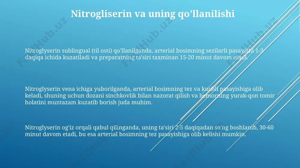 ar: gipertenziv krizda o'rni gipertenziv krizda qon bosimini tez tushirish zarur bo'lganda, ace inhibitörlari yoki arb blokerlari birinchi qator dori sifatida tavsiya etilmaydi, ularni boshqa dorilar bilan birgalikda qo'llash mumkin. ace inhibitörlari va arb blokerlari gipertenziv krizning dastlabki bosqichida qo'llanilmaydi, chunki ularning maksimal ta'siri 24-48 soatdan keyin namoyon bo'ladi va tezkor ta'sir ko'rsatmaydi. ba'zi hollarda, ayniqsa surunkali buyrak kasalligi bo'lgan bemorlarda, ace inhibitörlari yoki arb blokerlari gipertenziv krizning oldini olishda muhim rol o'ynaydi, lekin krizni davolashda emas. e'tiboringiz uchun rahmat @taqdimot_robot