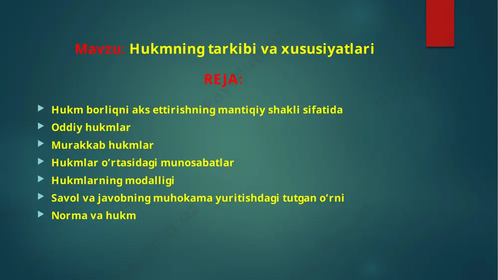 ilardan iborat: 1. umumiy tasdiq hukmlar. ular bir vaqtning o’zida ham umumiy, ham tasdiq bo’lgan fikrni ifodalaydi. masalan, «hamma talabalar mantiq ilmini o’rganadilar». bu hukmlar lotin alifbosidagi a harfi bilan belgilanadi va «hamma s-pdir» formulasi orqali ifodalanadi. 2. umumiy inkor hukmlar bir vaqtning o’zida ham umumiy, ham inkor bo’lgan fikrni ifodalaydi. masalan, «hech bir ishbilarmon rejasiz ish yuritmaydi». bu hukm»hech bir s-p emas» formulasi orqali ifodalanadi va lotincha e harfi bilan belgilanadi. 3. juz’iy tasdiq hukmlar bir vaqtning o’zida ham juz’iy, ham tasdiq bo’lgan fikrni ifodalaydi. masalan, «ba’zi talabalar mas’uliyatli». u lotincha i harfi bilan belgilanadi va «ba’zi s-p dir» formulasi orqali ifodalanadi. 4. juz’iy inkor hukm bir vaqtning o’zida ham juz’iy, ham inkor bo’lgan fikrni ifodalaydi. masalan, «ba’zi talabalar sport bilan shug’ullanmaydilar». uning formulasi «ba’zi s-p emas» bo’lib, lotincha o harfi bilan belgilanadi. predikatning mazmuniga ko’ra oddiy hukm turlari ular qo’yidagilardan iborat: atributiv hukmlar, mavjudlik hukmlari munosabat hukmlari atributiv …