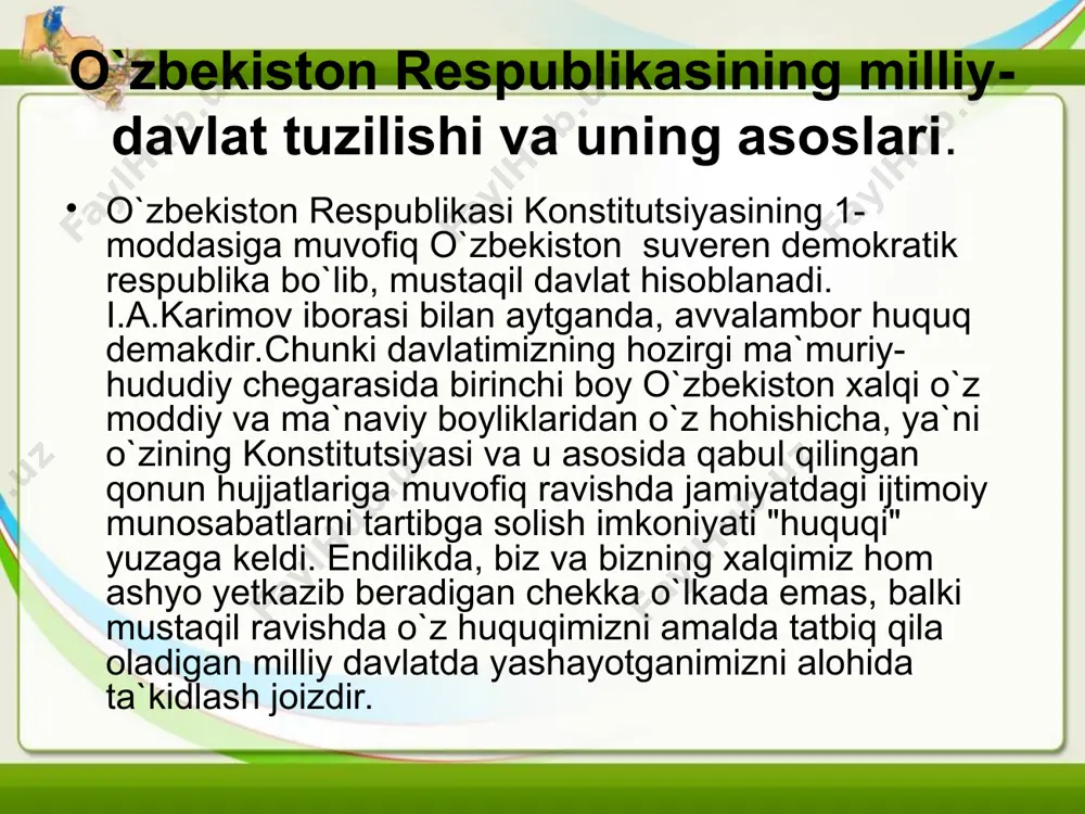 y qudratiga qarab ham ajratilgan. 68-modda. “о`zbekiston respublikasi viloyatlar, tumanlar, shaharlar, shaharchalar, qishloqlar, ovullar, shuningdek qoraqalpog`iston respublikasidan iborat”. о`zbekiston respublikasi makroiqtisodiyot va statistika vazirligi tomonidan chop etilgan "о`zbekiston respublikasi aholisi 2000" nomli statistik tо`plamga muvofiq 2000 yil 1 yanvarga kelib respublikamiz 1826 ta ma`muriy-hududiy qismlardan iborat. undan 12 tasi viloyat va qoraqalpog`iston respublikasi, 182 tasi qishloq va shahar tumanlari, 55 tasi respublika va viloyat bо`ysunuvidagi shaharlar, 120 tasi shaharchalar hamda 1456 tasi qishloq va ovullar fuqarolar yiginidan iborat bо`lgan. lekin vazirlar mahkamasining 1997 yil 30 sentyabrdagi "shahar va tuman hokimliklari apparati tuzilishini takomillashtirish tо`g`risida"gi qaroriga muvofiq 26 ta viloyat bо`ysunuvidagi shaharlar tuman bо`ysunuviga о`tkazildi va ularning soni 28 taga tushib qoldi. tuman bо`ysunuvidagi shaharlarda shahar hokimligi lavozimlari qisqartirilib, ular tuman hokimligi qoshida faoliyat yurgazadigan bо`ldilar, viloyat bо`ysunuvidagi shaharlarning huquqiy maqomidagi ushbu о`zgartirishlar davlat siyosatidan kelib chiqqan holda, mahalliy hokimiyatlarning kо`pgina vakolatlarini fuqarolarning о`zini о`zi boshqarish idoralariga, hususan mahallalarga topshirish oqibatida …