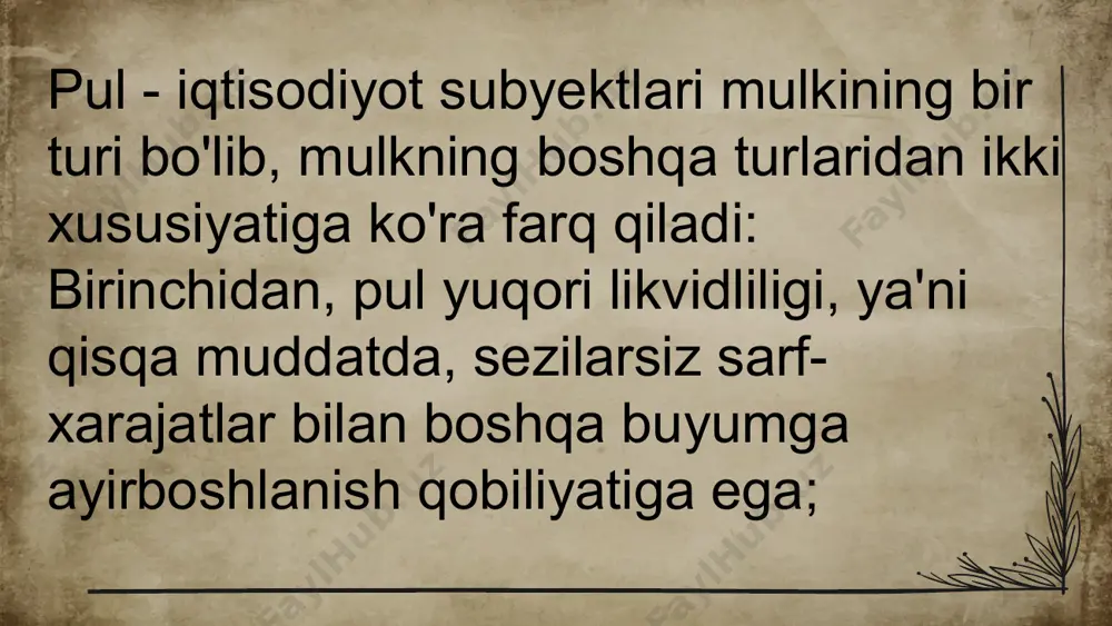 laq huquqiga ega. ammo pul taklifini kopaytirish imkoniga yoki pul yaratish qobiliyatiga tijorat banklari ham ega. banklarning pul taklifini yuzaga keltirish qobiliyati depozitlarni majburiy zahiralash meyori bilan tartibga solib turiladi. pul taklifi va majburiy zahiralash meyori ortasidagi bogliqlikni quyidagi formula korinishida yozishimiz mumkin: m = (1/ rr ) x d bunda: m- pul taklifi hajmi; rr majburiy zahiralash normasi ; d - dastlabki depozit. pul bozoridagi muvozanat bu uning shunday holatiki, bunda pulga talab hajmi pul taklifi hajmi bir biriga mos keladi. uni sodda ko'rinishda quyidagi formula va bilan ifodalash mumkin: mx v=y x r bunda, m- muomalaga chiqarilgan pul; v-pulni aylanish tezligi; r- yaim deflyatori; y-realyalm ushbu ayniyatni pulning miqdoriy nazariyasi tenglamasi deb ataydilar. uning o'ng qismi real pul zaqirasi taklifini, chap qismi nominal yaim ni ifodalaydi. e'tiboringiz uchun rahmat! image1.png image2.jpeg image3.jpeg image4.jpeg