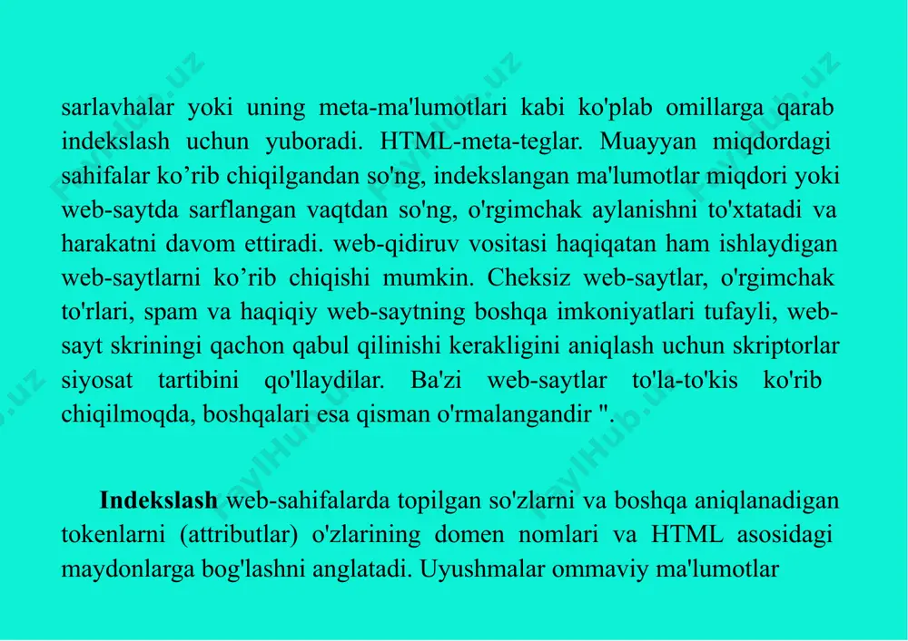 , ular foydalanuvchilarni o'zlarining qidiruv tizimlari googlega ishonchli alternativa bo'lishi mumkinligiga ishontirishga ulgurishmadi. bing windows kompyuterlarida standart qidiruv tizimi bo'lsa ham, ularning qidiruv tizimidagi bozor ulushi doimiy ravishda 6% dan past. bing microsoftning avvalgi qidiruv tizimlaridan (msn search, windows live search, live search) kelib chiqqan va alexa reytingiga ko'ra internetda eng ko'p ko'rilgan 30-sayt hisoblanadi. yahoo yahoo eng mashhur elektron pochta ta'minotchilaridan biri bo'lib, uning veb-qidiruvi qidiruvda bozorning o'rtacha 2% ulushi bilan uchinchi o'rinni egallaydi. 2011 yil oktyabrdan 2015 yil oktabrgacha yahoo qidiruvi faqat bing tomonidan quvvatlandi. 2015 yil oktyabr oyida yahoo google bilan qidirish bilan bog'liq xizmatlarni taqdim etishga kelishib oldi va 2018 yil oktyabrgacha yahoo natijalari google va bing tomonidan quvvatlanadi. 2019 yil oktabr holatiga ko'ra yahoo! qidiruv yana bir bor faqat bing tomonidan ta'minlanadi. yahoo shuningdek, qo'shma shtatlardagi firefox brauzerlari uchun standart qidiruv tizimidir (2014 yildan beri). yahoo veb-portali juda mashhur va internetda eng ko'p tashrif buyurilgan …