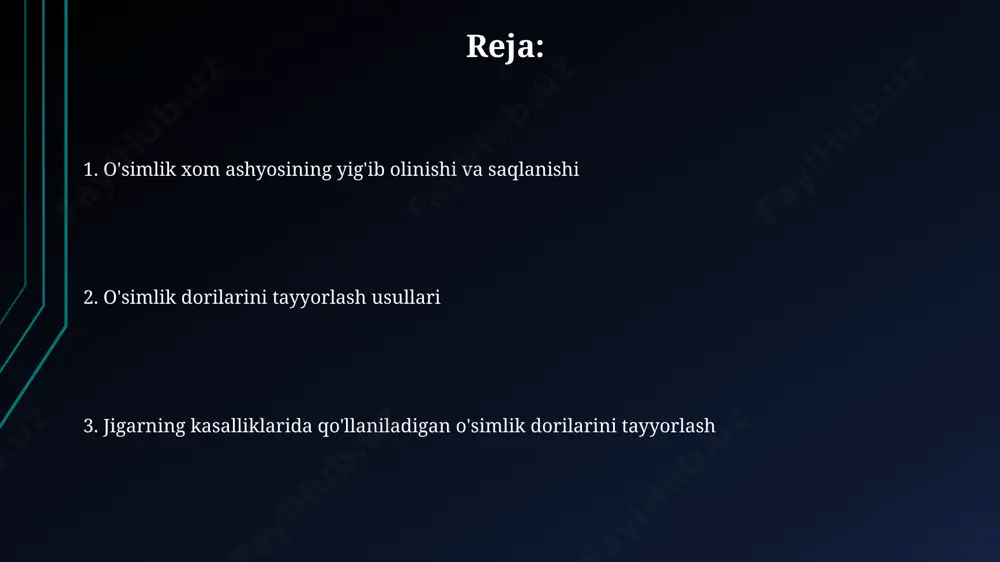 t olish imkonini beradi. ekstraksiya jarayonida 70-80% etanol yoki suv-etanol aralashmasidan foydalanish ekstraktning faol moddalar konsentratsiyasini oshirishga va noxush birikmalar miqdorini kamaytirishga yordam beradi. mumkin bo'lgan yon ta'sirlar va kontrendikatsiyalar homiladorlik va emizish davrida 50 dan ortiq o'simlik preparatlari kontrendikatsiyaga ega, chunki ularning tarkibidagi ba'zi komponentlar platsentadan o'tib, homila rivojlanishiga salbiy ta'sir ko'rsatishi mumkin. saraton kasalligi bilan og'rigan bemorlarda ba'zi o'simlik dorilarining qo'llanilishi, ayniqsa kimyoterapiya bilan birga, gepatotoksik ta'sirlar xavfini 1,5-2 barobar oshirishi mumkin. dozalash va qo'llash usullari ko'pgina o'simlik dorilarining dozasi bemorning yoshi, vazni va jigar kasalligi og'irligiga qarab 100-300 mg oral qabul qilish bilan belgilanadi, kuniga 2-3 marta. sut, asal yoki boshqa suyuqliklar bilan aralashtirib, kuniga 2 marta, har bir dozada 5-10 gramm o'simlik ekstrakti qabul qilish samarali bo'lishi mumkin. o'simlik dorilarini saqlash shartlari maydalangan o'simliklarni 1 kg ga 50-100 gramm quritilgan silika geli qo'shib saqlash muddatini 1 yilga uzaytiradi va namlikdan himoya qiladi. efir moylari boy o'simliklarni …