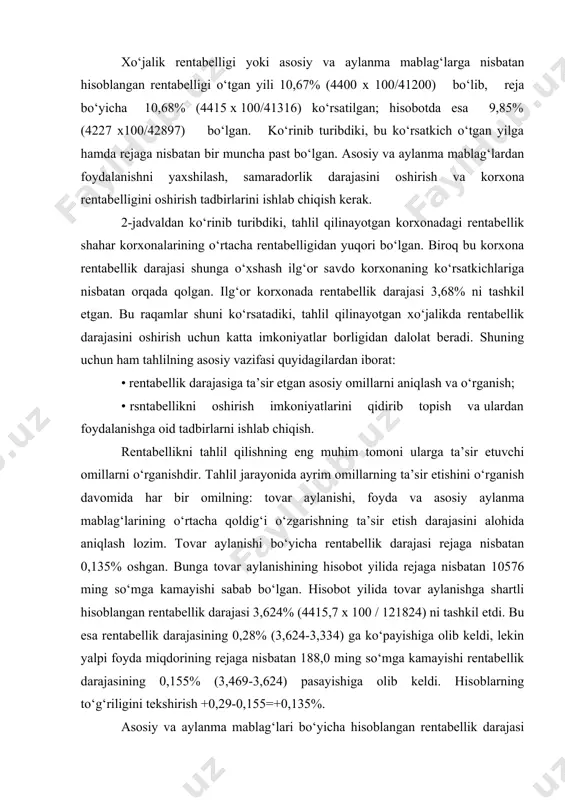 anma mab-lag‘larga nisbatan hisob-langan rentabellik darajasi, % 10,68 9,85 -0,83 x 4. tovar aylanishi, ming so‘m 132400 121824 -10576 92,0 5 . tovar aylanishiga nisbatan hisoblangan rsntabellik darajasi,% 3,334 3,469 +0,135 x bu usulda rentabellik darajasiga ta’sir ko‘rsatuvchi quyidagi omillar aniqlanadi: • foyda miqdorining o‘zgarishi; • asosiy fondlarning o‘rtacha yillik qiymatining o‘zgarishi; • rejalashtirilgan aylanma mablag‘larning o‘rtacha yillik qiymatining o‘zgarishi; • rejalashtirilmagan aylanma mablag‘lar o‘rtacha yillik qiymatining o‘zgarishi. yuqoridagi omillarning rentabellik darajasiga ta’sirini tahlilning asosiy usullaridan biri bo‘lgan zanjirli bog‘lanish usuli bilan quyidagacha aniqlanadi.(4-jadval) 4-jadval ko‘rsat-kichlar bogla-nishlar foyda ming so‘m asosiy fond-larning o‘r-tacha yillik qoldiga, ming so‘m rejalashtiril-gan aylanma mablag‘larning o‘rtacha yillik qoldig‘i, ming so‘m rejalashtiril-magan aylanma mablag‘larning o‘rtacha yillik qoldivd, ming so‘m rentabsllik darajasi, % rentabellik darajasi ta’sir ko‘rsatdi (+, -) i p iii iv v 4415 4227 4227 4227 4227 9192 9192 8801 8801 8801 30696 30696 30696 30797 30797 1428 1428 1428 1428 2299 10,68 10,23 10,32 …