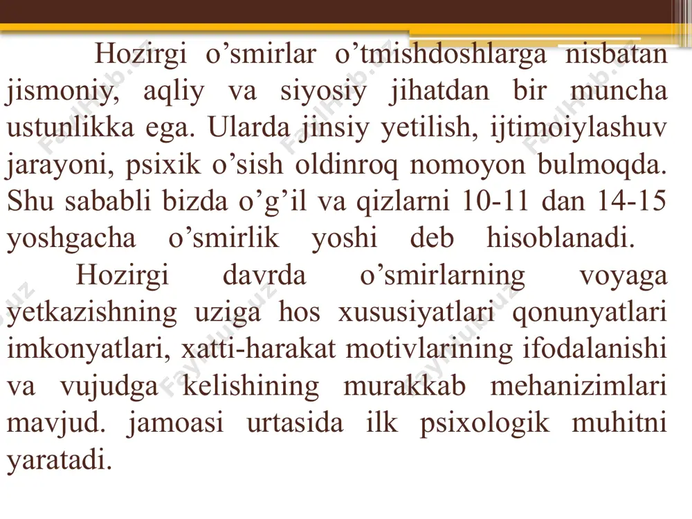 adi. ota-onasi va boshqa yaqinlari uni oziqlantiradi, kiyintiradi, tarbiyalaydi va bolani muntazam nazorat ostida tutadi. ular bolani har tomonlama qo`llab-quvvatlab turadilar va bola bunday qo`llab-quvvatlash, daldalarga muhtojlik his etib turadi. o`smirlik davrida esa bola o`z hayotini, xavfsizligini ta`minlash borasida nisbatan mustaqillikka erishadi. endi u o`zini-o`zi himoya qila olishi, lozim bo`lsa o`zi o`z imkoniyatlari darajasida mehnat qilib, yetarli darajada daromad qilishi, o`z ehtiyojlarini mustaqil ravishda o`zi qondira olishi mumkin bo`ladi. o`smirlik avtonomiyalaridan yana biri — emotsional avtonomiyadir. ma`lumki bola dunyoga kelgan ondan boshlab u onasi va atrofidagilarning emotsional, hissiy qo`llab-quvvatlashiga, mehr-muhabbatini namoyon qilishiga, erkalashiga ehtiyoj his qiladi. shuning uchun ham ilk bolalik yoshidagi, maktabgacha va kichik maktab yoshidagi bolalarni suyub, erkalab ularni quchib, boshini silab, yoqimli gaplar va muomala bilan ularga hissiy yaqinlik namoyon qilinsa, ular bundan quvonib, xursand bo`ladilar va erkalayotgan shaxsga nisbatan talpinadilar. buni yosh bolalarning onasiga suykalishi, ularning pinjiga suqilishi, ularga erkalanishi hollarida kuzatishimiz mumkin. shuningdek, bolalar o`z …