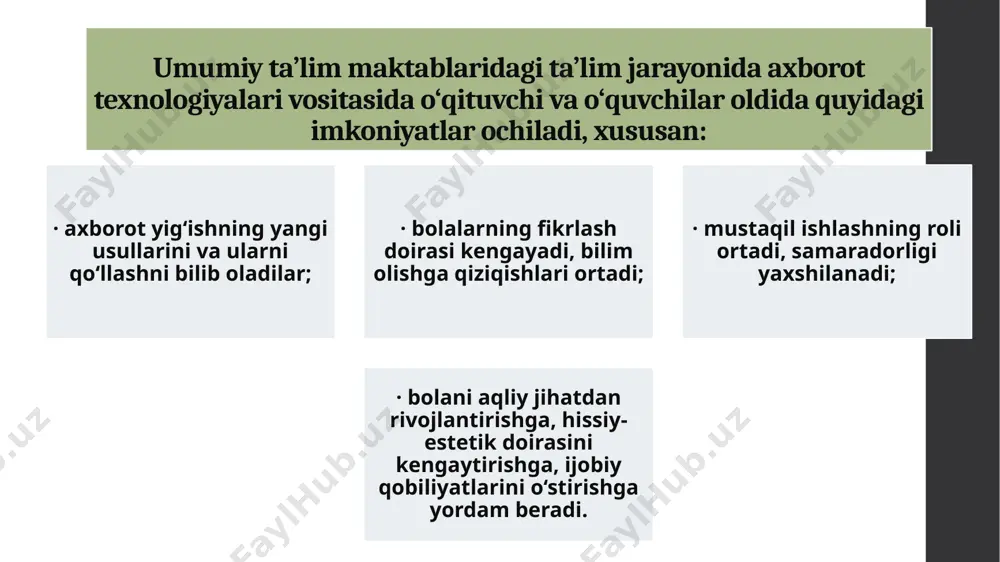 a beradigan) vazifalarini bajaradigan amaliy dasturlaridan foydalanishning boshlang‘ich tajribasi. axborot texnologiyalarining asbob-uskuna va dasturiy vositalarining juda jadallik bilan rivojlanib borishi, masalan, yangi avlod kompyuterlarining, yangi dasturlarining chiqishi, turli ta’limiy vazifalarni hal etish qulay texnikafiy imkoniyatlar ochib beradi. biroq ilmiy izlanishlar o‘quv maqsadida foydalaniladigan axborot tizimlari o‘z didaktik sifatlariga ko‘ra hali ham qoniqarsiz darajada ekanligini ko‘rsatadi. buning sababi shundaki, axborot texnologiyalarini o‘qitish maqsadlarida foydalanishning metodik (pedagogik) vositalari axborotlashtirishning texnikaviy vositalari rivojlanishidan ancha orqada qolib ketyapti. kompyuterning imkoniyatlari juda katta, biroq pedagogik maqsadlarda u yetarli darajada foydalanilmayapti. o‘qitish maqsadidagi axborot uni loyihalashtirish bosqichida kiritiladi. xususan, axborot — avtomatlashtirilgan o‘qitish tizimlarining ma’lumotlar bazasini yaratishda, elektron darsliklarni tuzish uchun o‘quv materialini tayyorlashda, modellashtiriuvchi turdagi kompyuter tizimlari bilan o‘quv ishlarining ssenariylarini, masalalar va mashqlar, test topshiriqlari tuzishda kiritiladi. axborot texnologiyalari bir yo‘la bir necha fan sohalariga informatika, matematika, kibernetika, psixologiya, pedagogika kabi fanlarga oid ma’lumotlarni birlashtiradi. biroq bu uyg‘unlikda psixologikpedagogik asos yetakchi o‘rin tutadi. axborot …