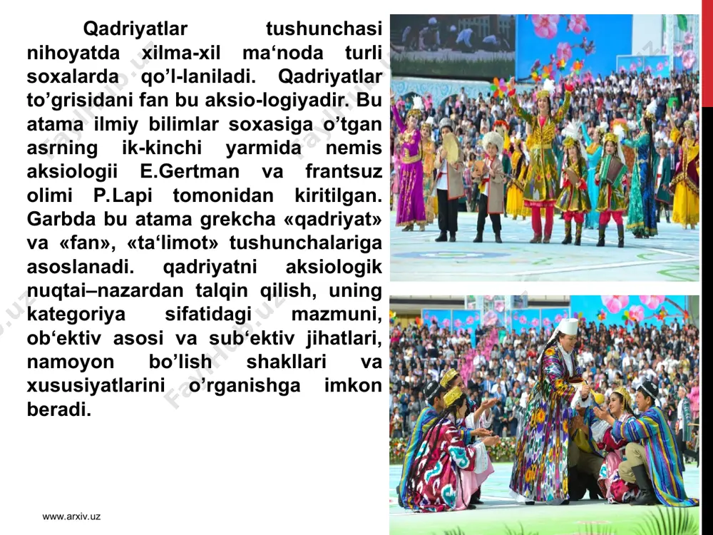 o’-zallikni ulug’lovchi qadriyatlarga ajratiш mumkin. www.arxiv.uz www.arxiv.uz qadriyatlar jamiyat ijtimoiy - iqtisodiy, madaniy -ma‘naviy rataqqiyotining mahsulidir. shuning uchun ham qadriyatlarda zamonning ruhi, imkoniyatlari, o’sha zamonda yashagan odamlarning orzu - umidlari, isatklari, atlab va ehtiyojlari o’z ifodasini topadi. zamonlar o’tishi bilan qadriyatlarning mazmuni va ma‘nosi o’zgarib boradi. xuddi shuning uchun ham qadriyatlarning atrbiyaviy ahamiyatga baho berganda konkret atrixiy shart - sharoitlarni doimo nazarda tutmoq zarur. www.arxiv.uz www.arxiv.uz qadriyatlarni jamiyat, millat hayotidagio’rni, ijtimoiy xarakteriga qarab milliy va umuminsoniy, sinfiy yokidiniy, shuningdek kishilarning yoshi, pro-fessional xususiyatlariga xos qadriyatlarga bo’lish mumkin. insonning qadr - qimmati, sha‘ni, or - nomusi, milliy g’ururi - milliy qadriyatlar bilan bevosiat bog’liq. milliy qadriyatlar, har bir millatning o’ziga xos xususiyatlari, xossalari, belgilari, alomatlarini ifodalovchifalsafiy tushunchabo’lib, o’sha millat bosib o’tgan ijtimoiy rataqqiyot jarayonida shakl-langan milliy madaniy meros xazinasiga qo’shgan hissasini, ulushini ifodalaydi. xuddi shu mil-liy o’ziga xoslik, o’ziga moslik, millat madaniyatida, adabiyotida, san‘atida, tilida, dinida, atrixiy xotirasida, yashash ishlash va …