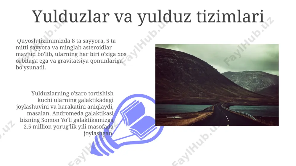 a hududida joylashgan 6 metrli bta-6 teleskopi optik diapazonda kuzatishlar olib boradi va eng yirik bir oynali teleskop hisoblanadi. quyosh sistemasining shakllanishi quyosh sistemasidagi sayyoralar, shu jumladan yer, protoplanetar diskdagi chang va muz zarrachalarining birlashishi va gravitatsion oʻzaro ta’siri natijasida hosil boʻlgan. mars va yupiter oraligʻida joylashgan asteroid kamar bu jarayonning dalilidir. quyosh sistemasining shakllanishi taxminan 4,6 milliard yil avval gaz va chang bulutining tortishish kuchi ta’sirida yuz bergan boʻlib, bu jarayon quyosh tumanligi deb ataladi va asosan quyosh atrofidagi protoplanetar diskda sodir boʻlgan. astronomiya darslarini rejalashtirish o'quv rejalarini tuzishda, 7-sinf o'quvchilari uchun yulduzlarning yorqinligi va masofasi, masalan, sirius yulduzining yorqinligi va yerga masofasini hisoblash bo'yicha amaliy mashqlarni kiritish va toshkentdagi fanlar akademiyasi arxividan foydalanish tavsiya etiladi. darslarni qiziqarli qilish uchun, 5-sinf o'quvchilari uchun "oyning fazalari" mavzusini qo'shimcha ravishda animatsion videolar va 3d modellardan foydalanib, andijon viloyatidagi astronomiya muzeyi materiallaridan foydalanib tushuntirish mumkin. sayyoralar va ularning yo'ldoshlari 01 02 mars …