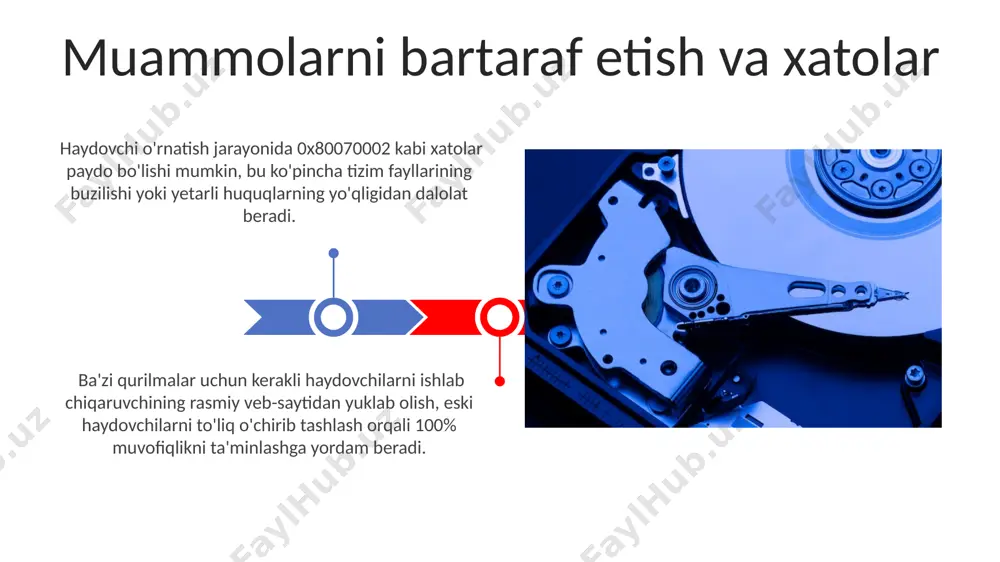 n. drayverlar nima va ularning ahamiyati drayverlarni avtomatik o'rnatish ba'zi drayverlarni o'rnatish uchun administrator huquqlari talab qilinadi va jarayon davomida xato xabarlari chiqishi mumkin; bunday hollarda qo'shimcha yordam kerak bo'lishi mumkin. drayverlarni avtomatik o'rnatish jarayoni odatda 3-5 daqiqa davom etadi va operatsion tizimning versiyasi, internet tezligi va qurilma miqdoriga bog'liq. drayverlarni qo'lda o'rnatish ba’zi qurilmalar uchun bir nechta drayver versiyalari mavjud bo'lishi mumkin (masalan, 1.0, 2.5, 3.0). eng yangi versiyani tanlash har doim ham eng yaxshi yechim emas, ba’zan eski, ammo barqaror versiya yaxshiroq ishlaydi. drayverni qo'lda o'rnatish jarayonida, o'rnatish faylini (odatda .exe yoki .inf kengaytmasi bilan) topib, uni ikki marta bosish orqali ishga tushirish va ekrandagi ko'rsatmalarga amal qilish kerak. bu jarayon taxminan 5-10 daqiqa vaqtni olishi mumkin. e'tiboringiz uchun rahmat @taqdimot_robot image4.jpg image5.jpg image6.jpg image7.jpg image8.jpg image9.jpg image10.jpg image11.jpg image12.jpg image13.jpg image14.jpg image1.jpeg image2.jpeg