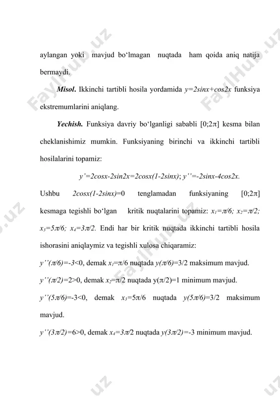k nuqtalarini topamiz: x1=/6; x2=/2; x3=5/6; x4=3/2. endi har bir kritik nuqtada ikkinchi tartibli hosila ishorasini aniqlaymiz va tegishli xulosa chiqaramiz: y’’(/6)=-3 0, demak x2=/2 nuqtada y(/2)=1 minimum mavjud. y’’(5/6)=-3 0, demak x4=3/2 nuqtada y(3/2)=-3 minimum mavjud. bu funksiyaning (-2;2) intervaldagi grafigi 32-rasmda keltirilgan. oleobject1.bin image3.wmf oleobject2.bin image4.wmf oleobject3.bin image5.wmf oleobject4.bin image6.wmf oleobject5.bin image7.wmf oleobject6.bin image8.wmf oleobject7.bin image9.wmf oleobject8.bin oleobject9.bin oleobject10.bin image10.wmf oleobject11.bin oleobject12.bin image11.wmf oleobject13.bin image12.wmf oleobject14.bin image13.png image1.png image2.wmf x x max î x x inf î x x min î x x ) x ( f 1 + = 100 1 2 2 1 x x - 2 2 1 x x - ; 100 1 ] ; , [ max 100 01 0 ] ; , [ min 100 01 0 x x sup î