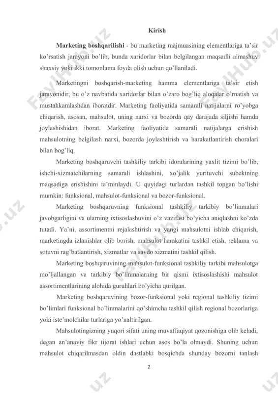 ish, mahsulot harakatini tashkil etish, reklama va sotuvni rag’batlantirish, xizmatlar va savdo xizmatini tashkil qilish. marketing boshqaruvining mahsulot-funksional tashkiliy tarkibi mahsulotga mo’ljallangan va tarkibiy bo’linmalarning bir qismi ixtisoslashishi mahsulot assortimentlarining alohida guruhlari bo’yicha qurilgan. marketing boshqaruvining bozor-funksional yoki regional tashkiliy tizimi bo’limlari funksional bo’linmalarini qo’shimcha tashkil qilish regional bozorlariga yoki iste’molchilar turlariga yo’naltirilgan. mahsulotingizning yuqori sifati uning muvaffaqiyat qozonishiga olib keladi, degan an’anaviy fikr tijorat ishlari uchun asos bo’la olmaydi. shuning uchun mahsulot chiqarilmasdan oldin dastlabki bosqichda shunday bozorni tanlash kerakki, toki unda hozirgi vaziyat uchun firmaning nomi hammaga ma’lum bo’lsin. shunda siz yetarli darajada muvaffaqiyat bilan bozorda mahsulot sotishingiz mumkin. tadbirkorlarning ommaviy taraqqiy etishi davrida hamma vaqt va axborot taqchilligi sharoitida o’z davlatingizda, mustaqil respublikalarda, balki xorijda ham potensial bozorlar topish zarur. korxona uchun iqtisodiy kenglik bu, avvalo, mahsulot va xizmatlarning erkin almashuvidagi sharoit bo’lib, ushbu jarayon qatnashchilarining manfaatiga bog’liqdir. bizning holatda iqtisodiy kenglik, mahsulot almashuvi uchun ishlab chiqaruvchi …