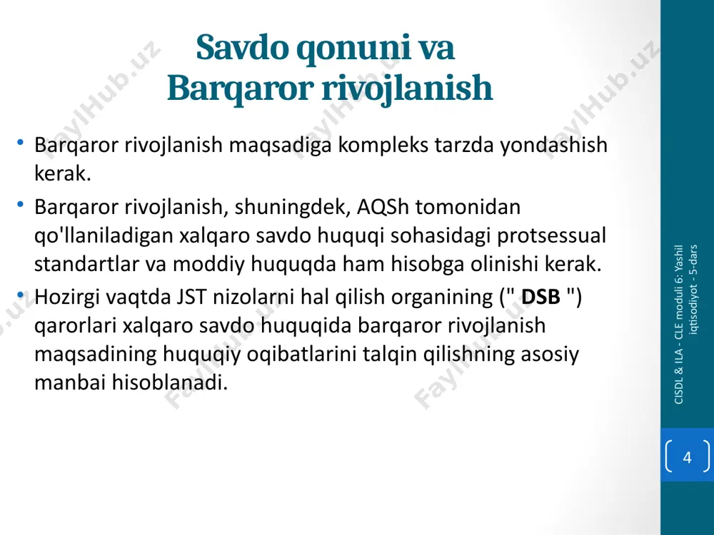 topilgan va xuddi shunday federal darajada taklif qilingan cap-and-trade dasturi tushkun iqtisodiyot kontekstida o'z vazniga tushib qoldi. agar kaliforniya tajribasi ish bersa, federal taklif qaytarilishi mumkin va ko'proq siyosiy tortishuvga ega bo'ladi. cisdl & ila - cle moduli 6: yashil iqtisodiyot - 5-dars 10 amerika ma'muriyati va iqlim o'zgarishi bo'yicha muzokaralar amerika ma'muriyatini xalqaro muzokaralarda ko'proq ishtirok etishga olib kelishi mumkin bo'lgan o'zgaruvchilar quyidagilardir: kelgusi yillarda iqlim o'zgarishining namoyon bo'lishining aniqligi; iqtisodiyotni yaxshilash; jiddiy yashil iqtisodiy rivojlanishga, shu jumladan ishonchli xalqaro majburiyatlarga yo'naltirish; oq uy ma'muriyatining siyosiy yo'nalishi. cisdl & ila - cle moduli 6: yashil iqtisodiyot - 5-dars 11 sud jarayoni barqarorlikka erishishning huquqiy vositasi sifatida aqshdagi sud jarayonlari amerikaning iqlim o'zgarishi bo'yicha siyosatiga katta ta'sir ko'rsatdi. epkning ma'lum choralar yoki siyosatlarni qabul qilishni istamasligiga e'tiroz bildiruvchi bir nechta ishlar sudlarga topshirildi. massachusets epkga qarshi : issiqxona ko'rinishlari endi toza havo to'g'risidagi qonunga muvofiq ifloslantiruvchi moddalar hisoblanadi. epk va …