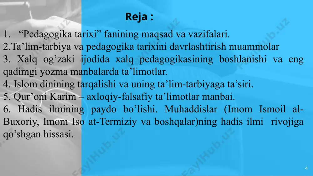ari rivoji (eng qadimgi davrlardan hozirgi kungacha). 15 biroq pedagogika tarixini insoniyat tarixi bilan bog’liqlikda o’rganish maqsadida quyidagi tarzda davrlashtish maqsadga muvofiq: 1. eng qadimgi davrlardan vii asrgacha ta’lim-tarbiya va pedagogik fikrlar; 2. vii asrdan xiv asrning birinchi yarmifacha o’rta osiyoda tarbiya, maktab va pedagogik fikrlar; 3. sharq uyg’onish davrida pedagogik fikrlarning rivojllanishi; 4. xiv asrning ikkinchi yarmi va xvi asrda movaraunnahrda tarbiya va maktab; 16 5. xiv asrning ikkinchi yarmi va xvi asrda movaraunnahrda pedagogik fikrlar rivoji; 6. xvii asrdan xix asrning birinchi yarmigacha tarbiya, maktab va pedagogik fikrlar rivoji; 7. xix asrning 2-yarmi – xx asr boshida turkiston o’lkasida tarbiya, maktab va pedagogik fikrlar; 8. 1917-1991 yillarda o’zbekistonda ta’lim tizimi va pedagogik fikrlar rivoji; 9. mustaqil o’zbekiston ta’lim tizimi. mustaqillik yillarida pedagogik fikrlar rivoji; 10. eng qadimgi davrlardan xix asrning birinchi yarmida jahon pedagogika fanining rivojlanish tarixi; 11. xix asrning 2-yarmi – xx asrda jahon pedagogika faning rivoji; …